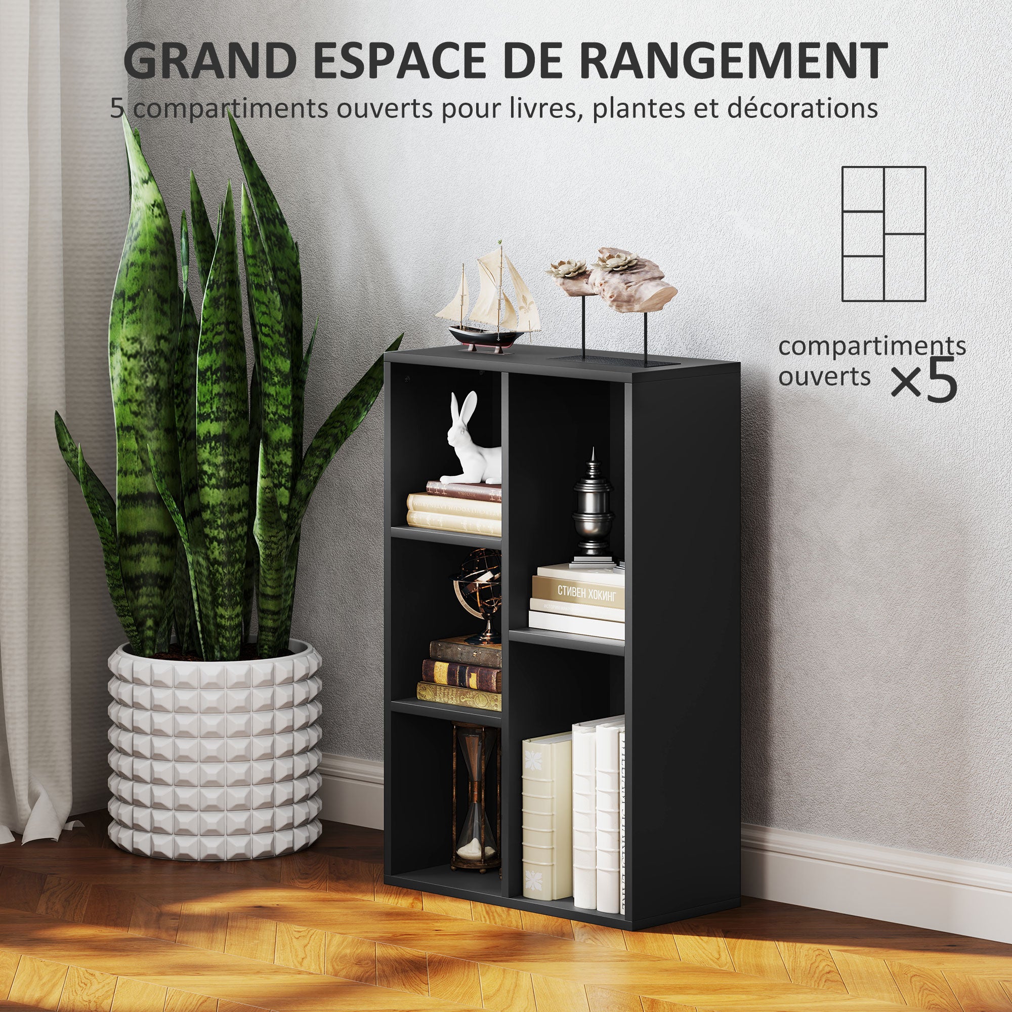 Bookshelf, 2-Tier Storage Shelf with 5 Compartments, for Living Room, Bedroom, Office, 50 x 24 x 80 cm, Black
