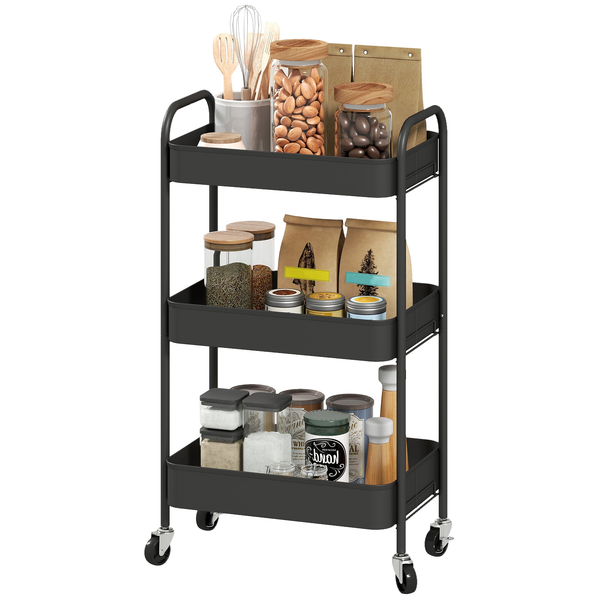 3-Tier Rolling Cart with Mesh Baskets, Wheels, Handles & Hooks – Black Steel