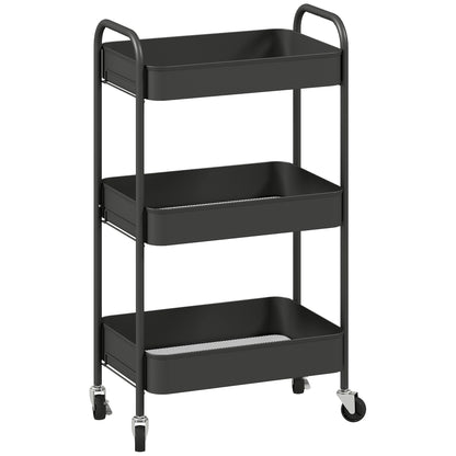 3-Tier Rolling Cart with Mesh Baskets, Wheels, Handles & Hooks – Black Steel