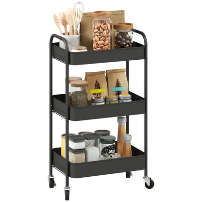 3-Tier Rolling Cart with Mesh Baskets, Wheels, Handles & Hooks – Black Steel