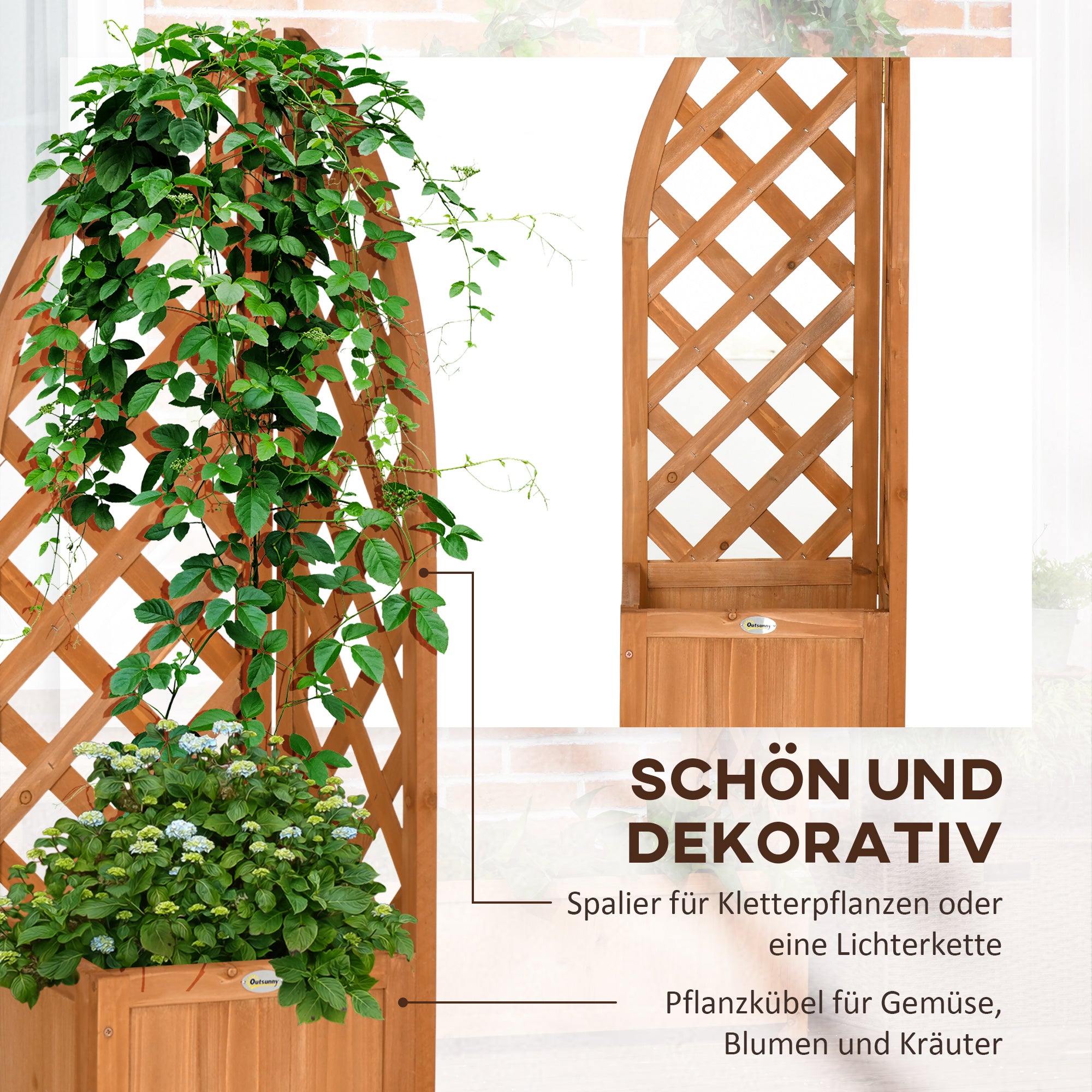 Planter Box with Trellis, Planter, Flower Pot, Planter Box, for Garden, Patio, Balcony, Natural Wood, Brown, 32 x 32 x 108 cm