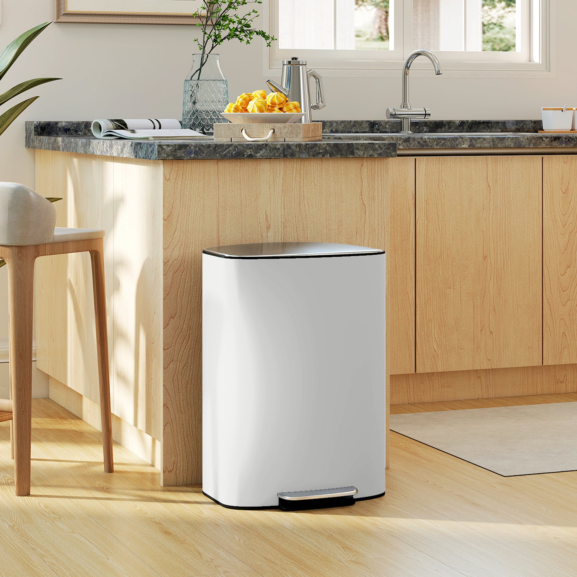 50L Kitchen Step Trash Can – Stay-Open & Soft-Close Lid, Pedal Bin, Stainless Steel, Cream White, 17.8 x 14.4 x 24.6 in