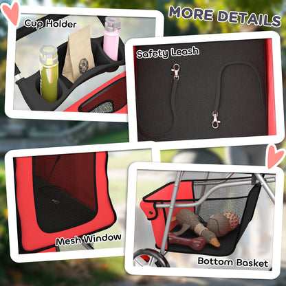 Foldable Pet Stroller for Small Dogs & Cats — Up to 22 lb, 360° Swivel Wheels, Brakes, Reflective Strips, Storage Basket, Washable Cushion, Cup Holder, Red