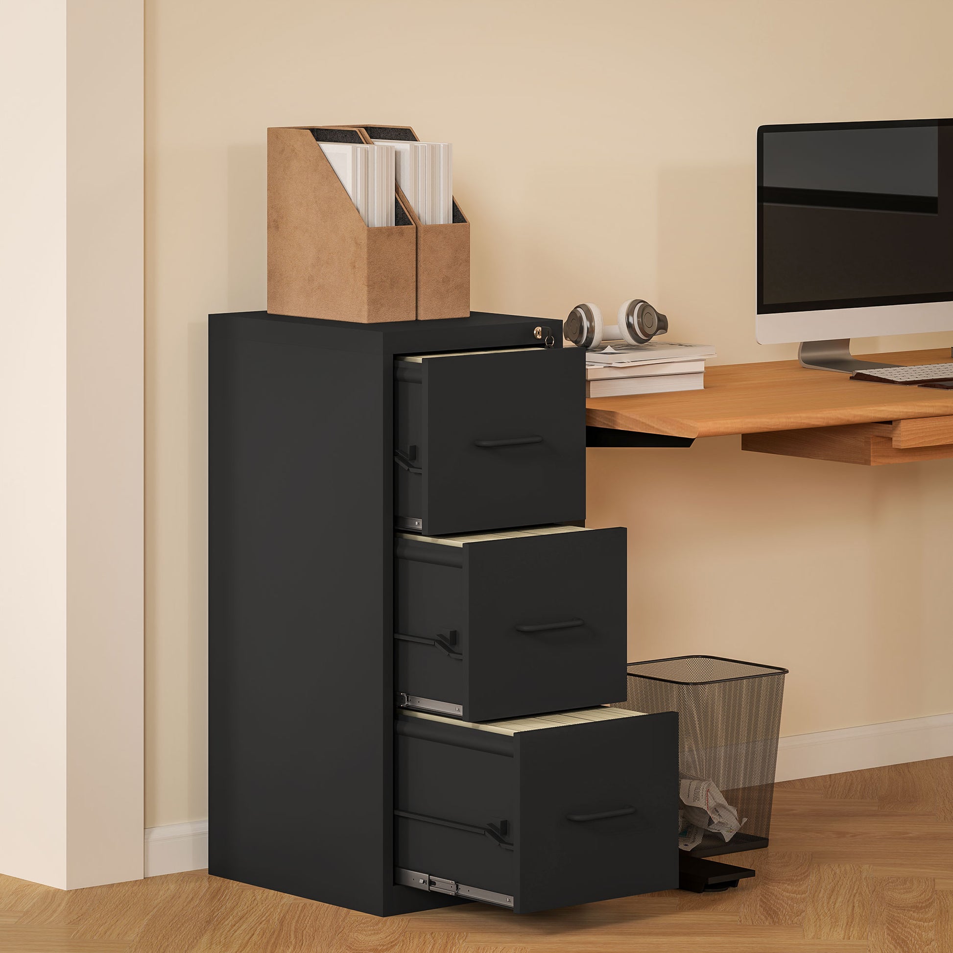 3-Drawer Office Filing Cabinet with Adjustable Bar, Steel Office Drawer for Documents, Ideal for Home, Office, and Study, 36.5x46.2x99 cm, Black