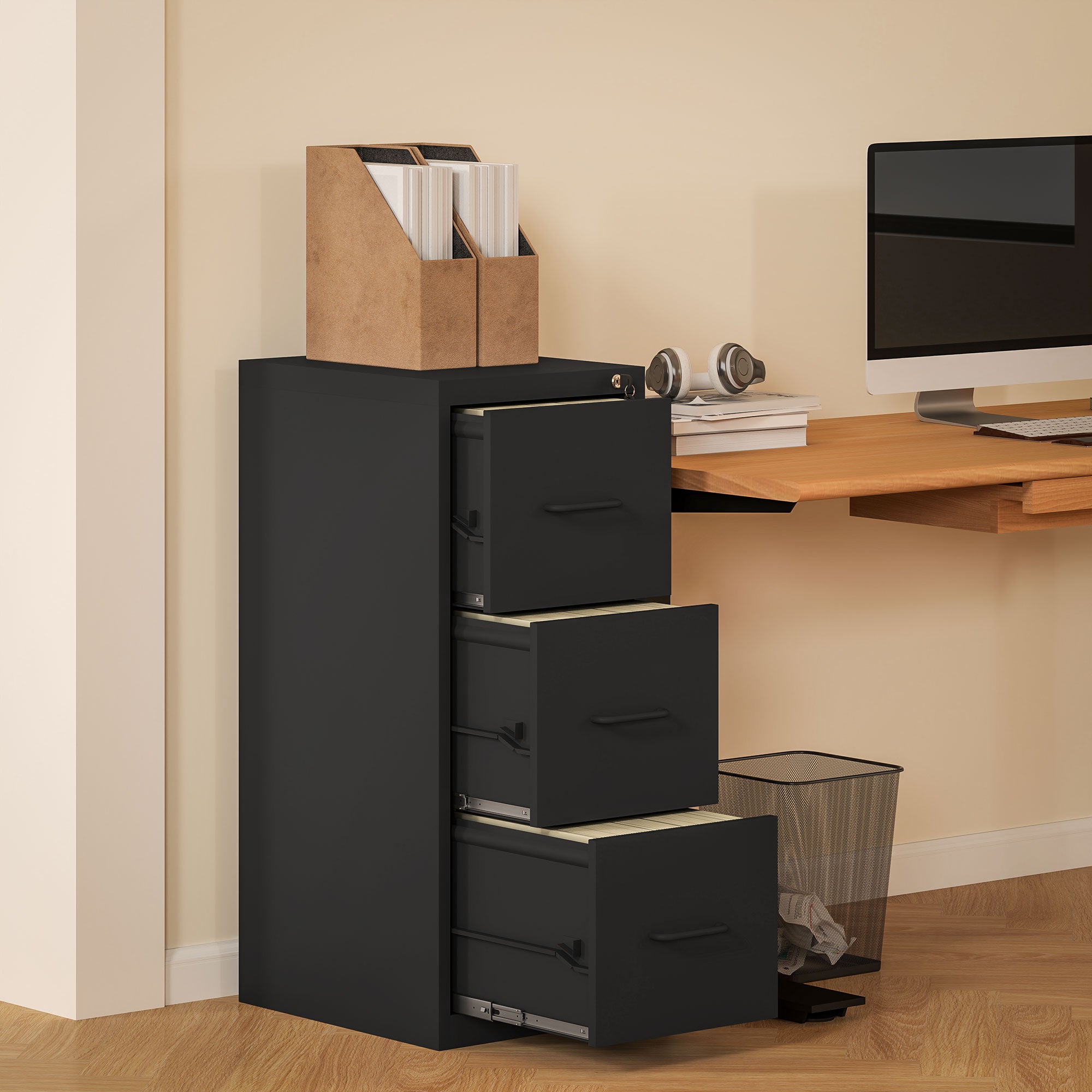 3-Drawer Office Filing Cabinet with Adjustable Bar, Steel Office Drawer for Documents, Ideal for Home, Office, and Study, 36.5x46.2x99 cm, Black