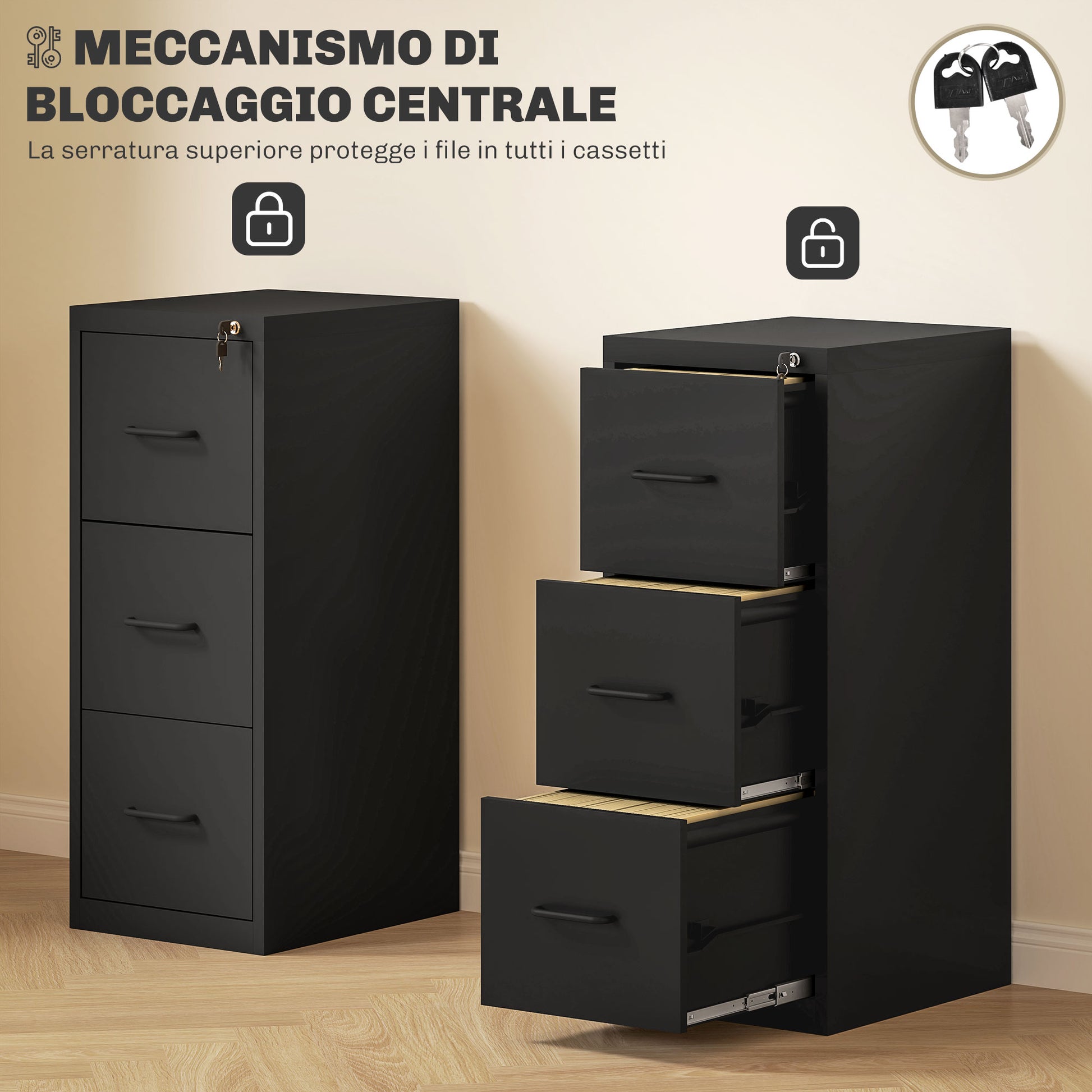 3-Drawer Office Filing Cabinet with Adjustable Bar, Steel Office Drawer for Documents, Ideal for Home, Office, and Study, 36.5x46.2x99 cm, Black