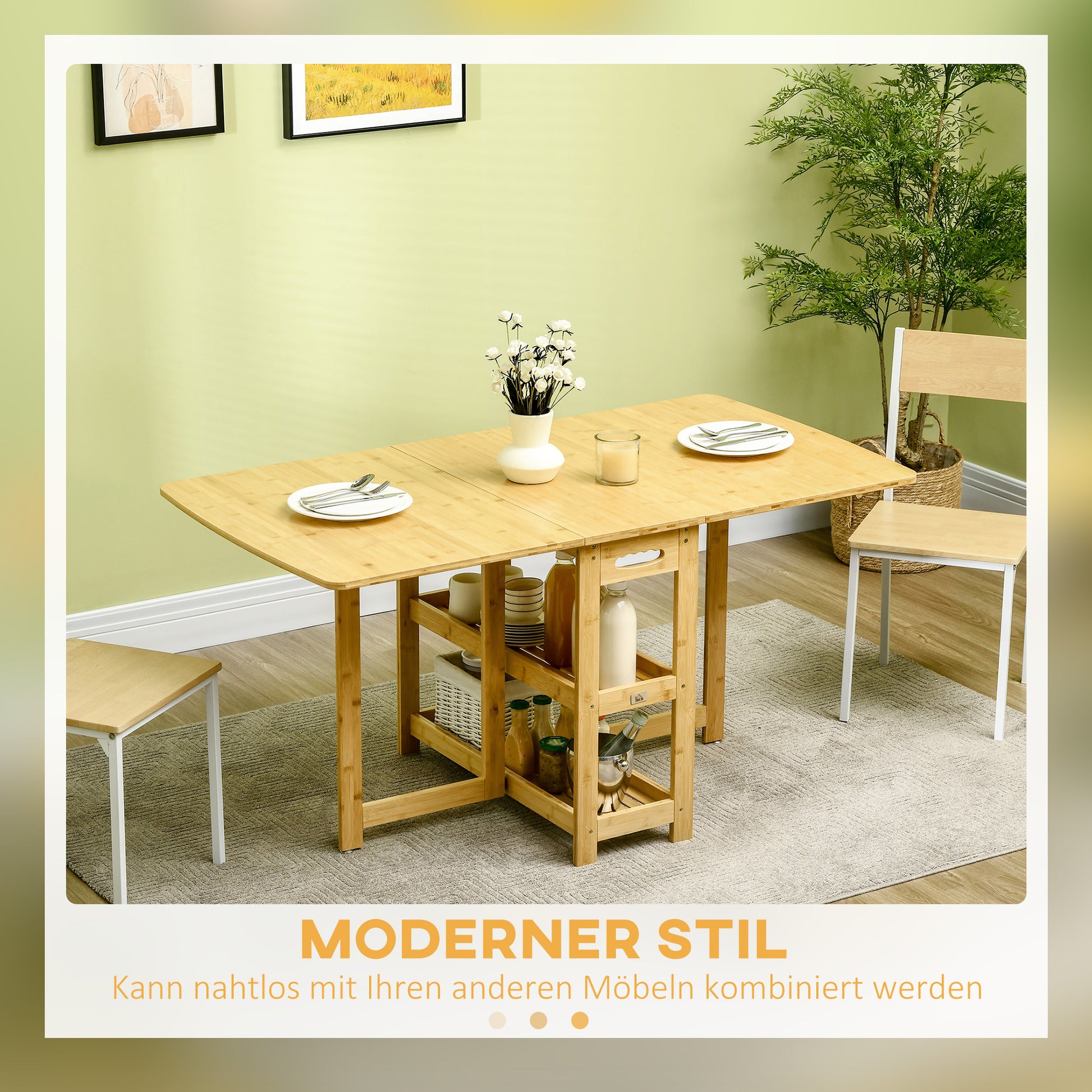 Folding Dining Table Foldable Table for 6 Persons with Shelves Kitchen Table Dining Table for Small Spaces, Kitchen, Dining Room 149.5 x 80 x 73.5 cm Natural