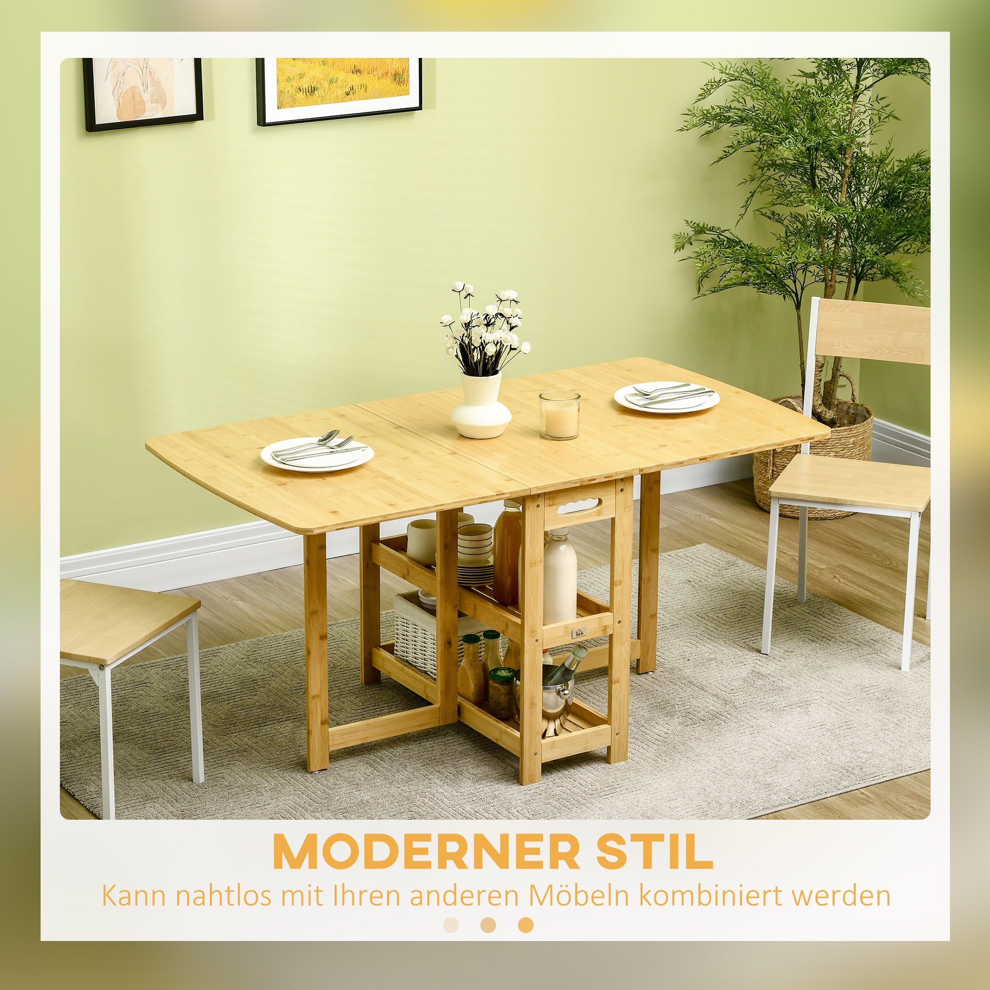 Folding Dining Table Foldable Table for 6 Persons with Shelves Kitchen Table Dining Table for Small Spaces, Kitchen, Dining Room 149.5 x 80 x 73.5 cm Natural
