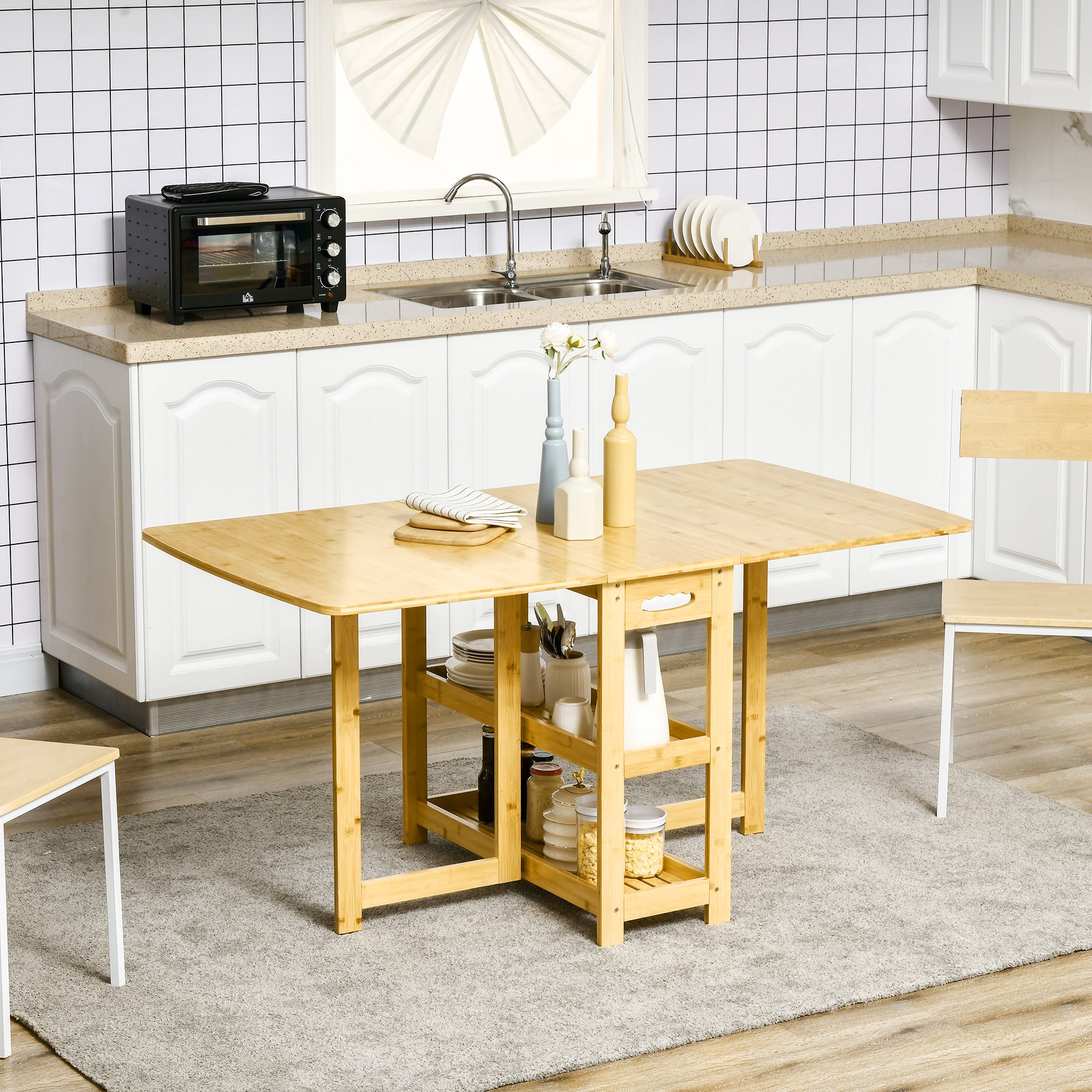 Folding Dining Table Foldable Table for 6 Persons with Shelves Kitchen Table Dining Table for Small Spaces, Kitchen, Dining Room 149.5 x 80 x 73.5 cm Natural