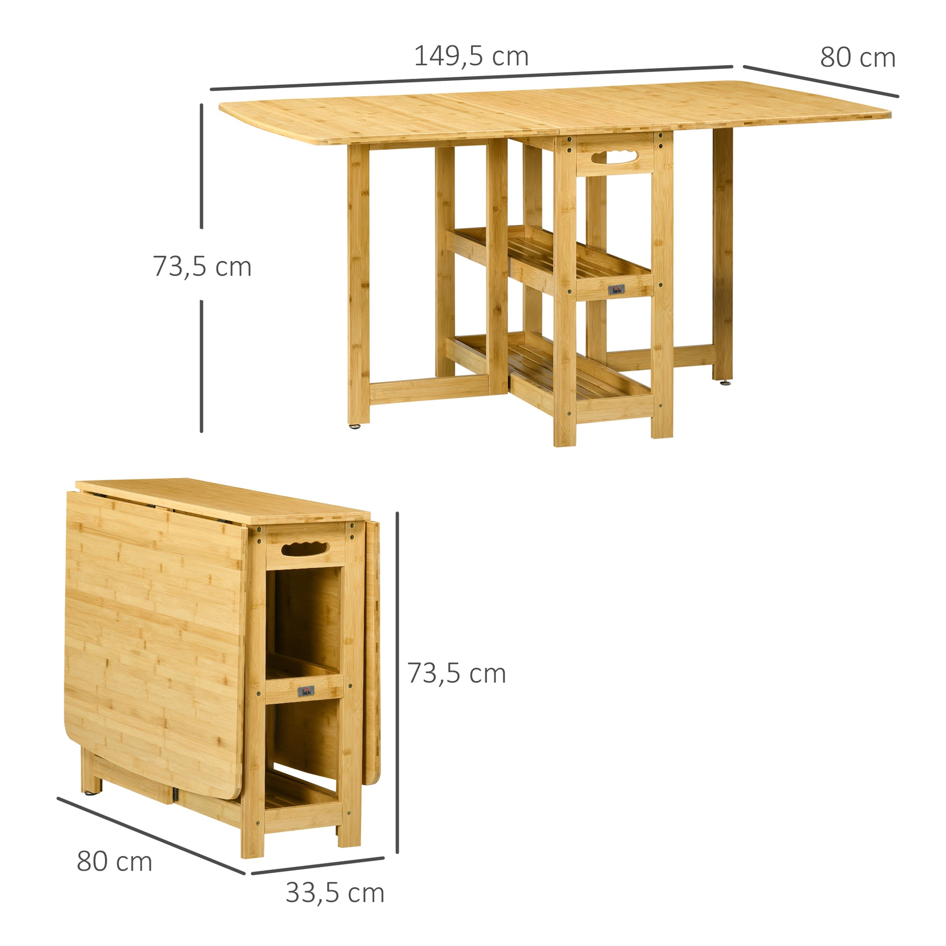 Folding Dining Table Foldable Table for 6 Persons with Shelves Kitchen Table Dining Table for Small Spaces, Kitchen, Dining Room 149.5 x 80 x 73.5 cm Natural