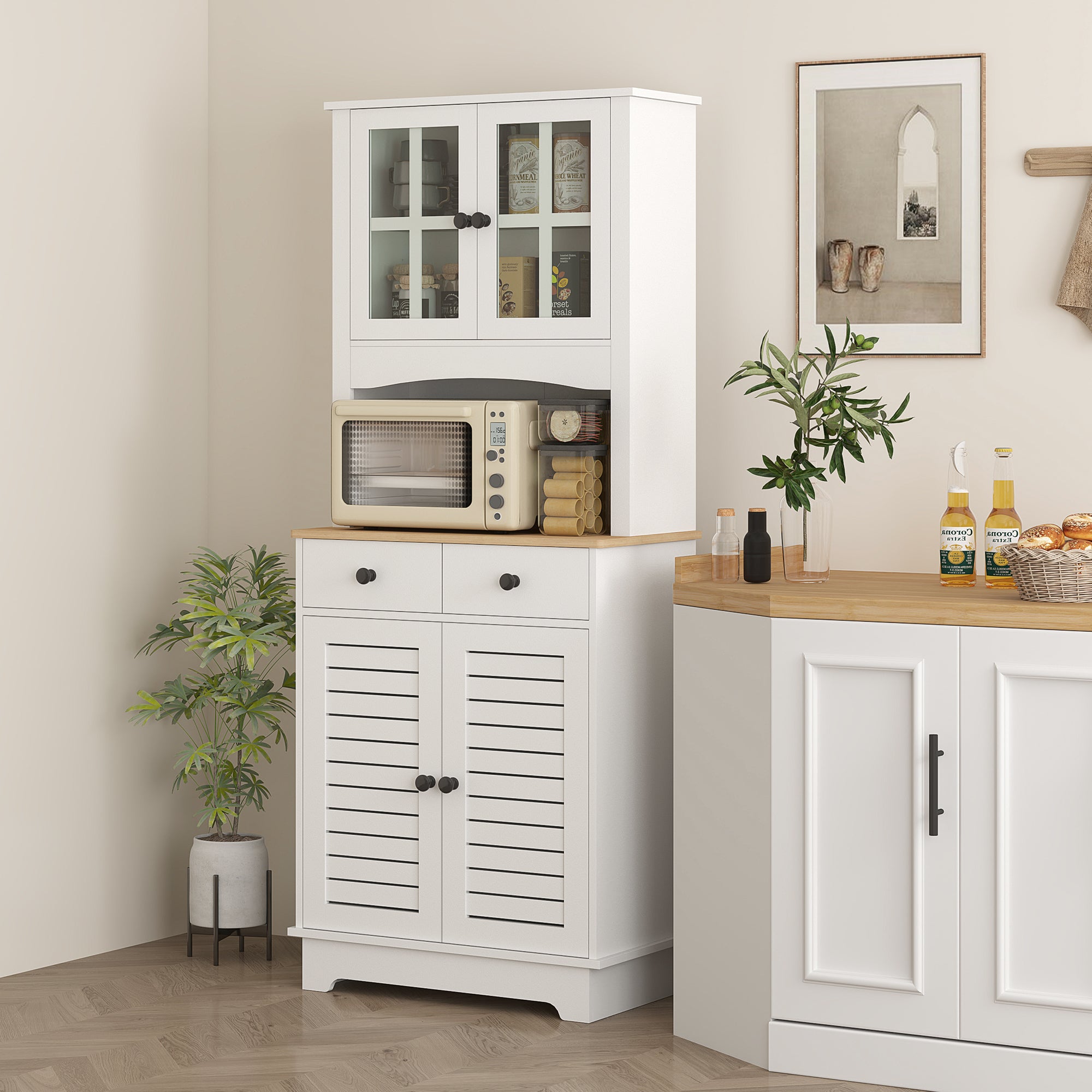 Kitchen Cabinet, Tall Cabinet with 2 Cabinets, Double Door, Kitchen Buffet with Adjustable Shelves, Buffet Cabinet, Dining Room Cabinet for Kitchen, Dining Room, 68 x 39.5 x 170 cm, White