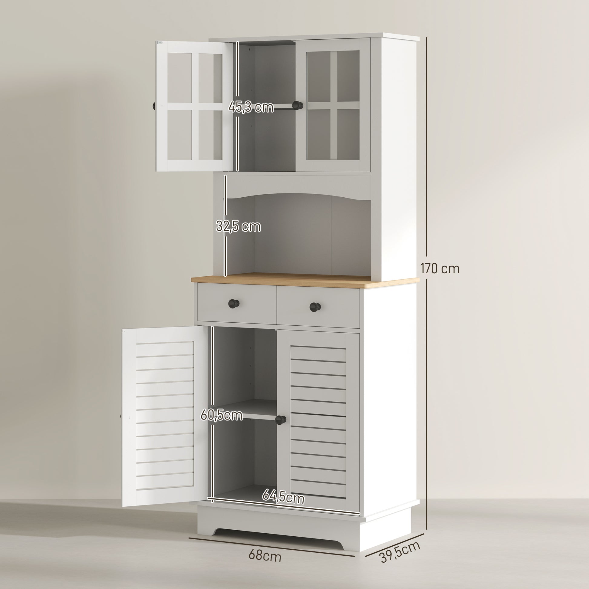 Kitchen Cabinet, Tall Cabinet with 2 Cabinets, Double Door, Kitchen Buffet with Adjustable Shelves, Buffet Cabinet, Dining Room Cabinet for Kitchen, Dining Room, 68 x 39.5 x 170 cm, White