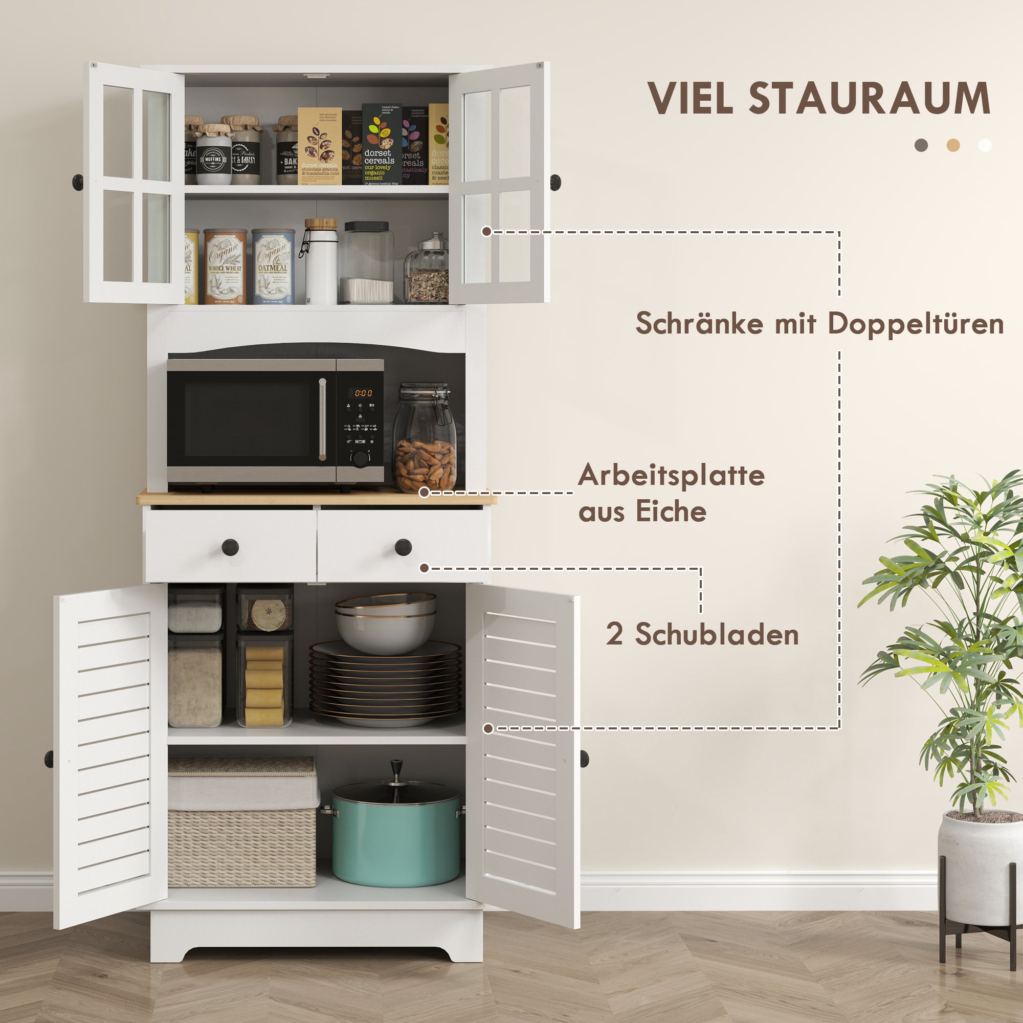 Kitchen Cabinet, Tall Cabinet with 2 Cabinets, Double Door, Kitchen Buffet with Adjustable Shelves, Buffet Cabinet, Dining Room Cabinet for Kitchen, Dining Room, 68 x 39.5 x 170 cm, White