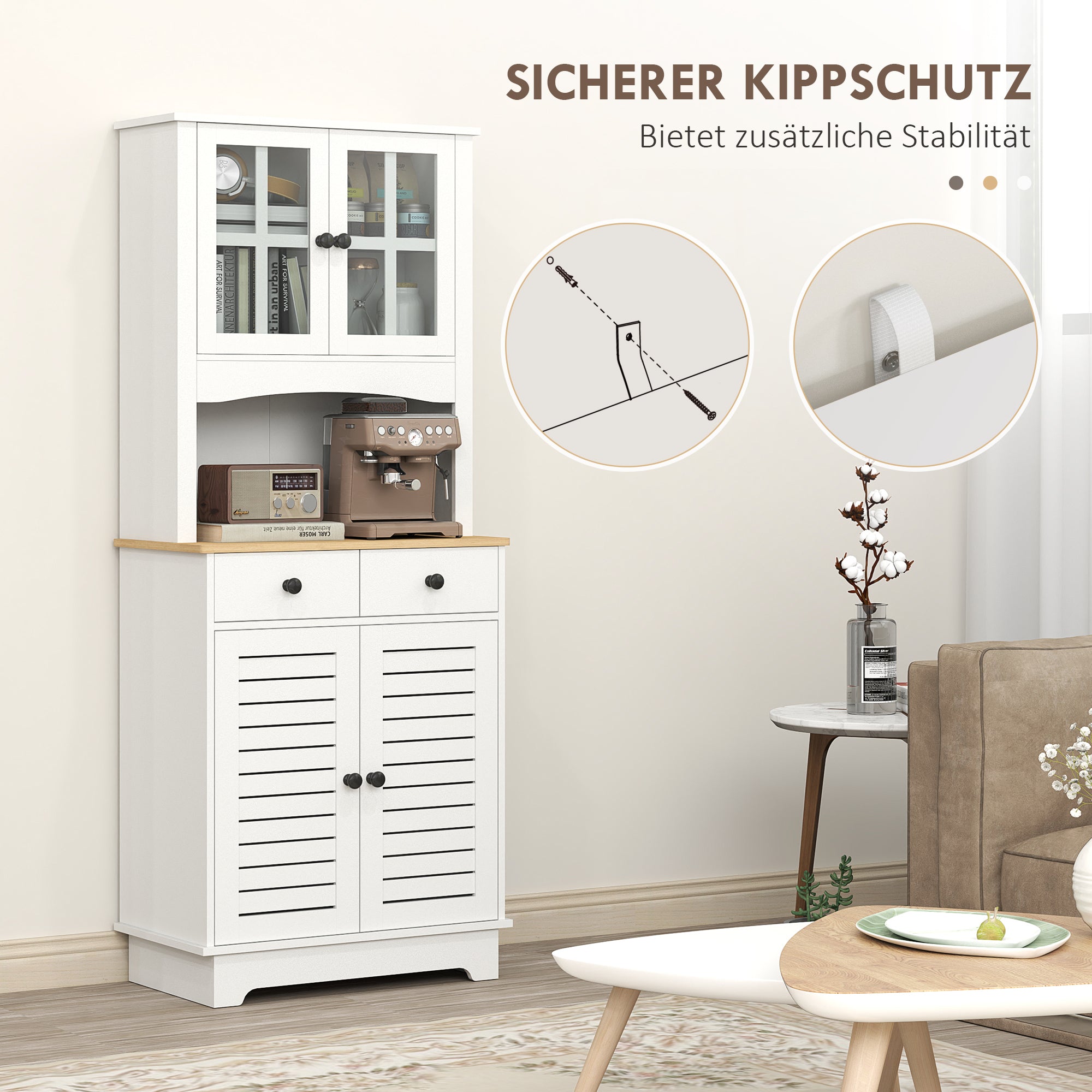 Kitchen Cabinet, Tall Cabinet with 2 Cabinets, Double Door, Kitchen Buffet with Adjustable Shelves, Buffet Cabinet, Dining Room Cabinet for Kitchen, Dining Room, 68 x 39.5 x 170 cm, White