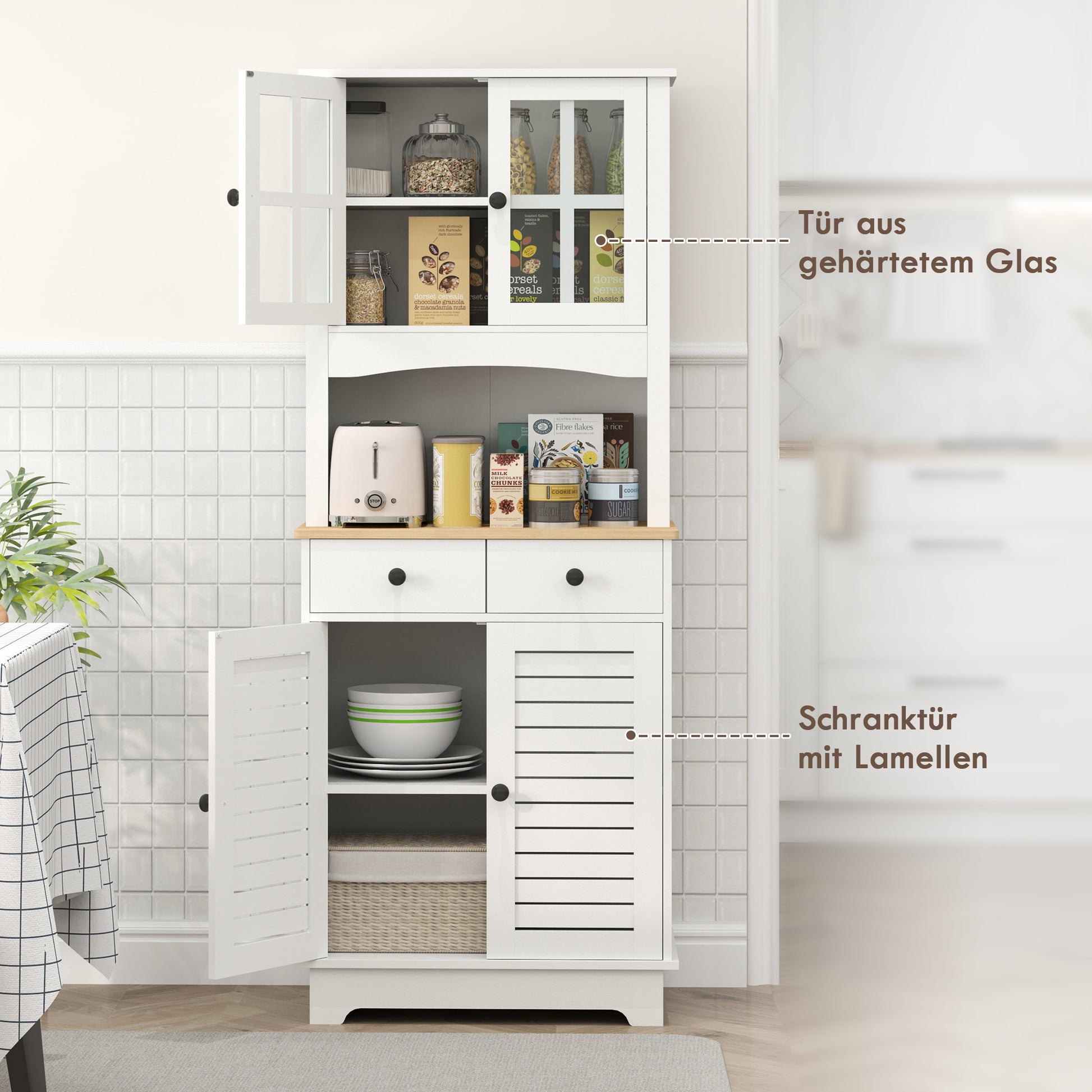 Kitchen Cabinet, Tall Cabinet with 2 Cabinets, Double Door, Kitchen Buffet with Adjustable Shelves, Buffet Cabinet, Dining Room Cabinet for Kitchen, Dining Room, 68 x 39.5 x 170 cm, White