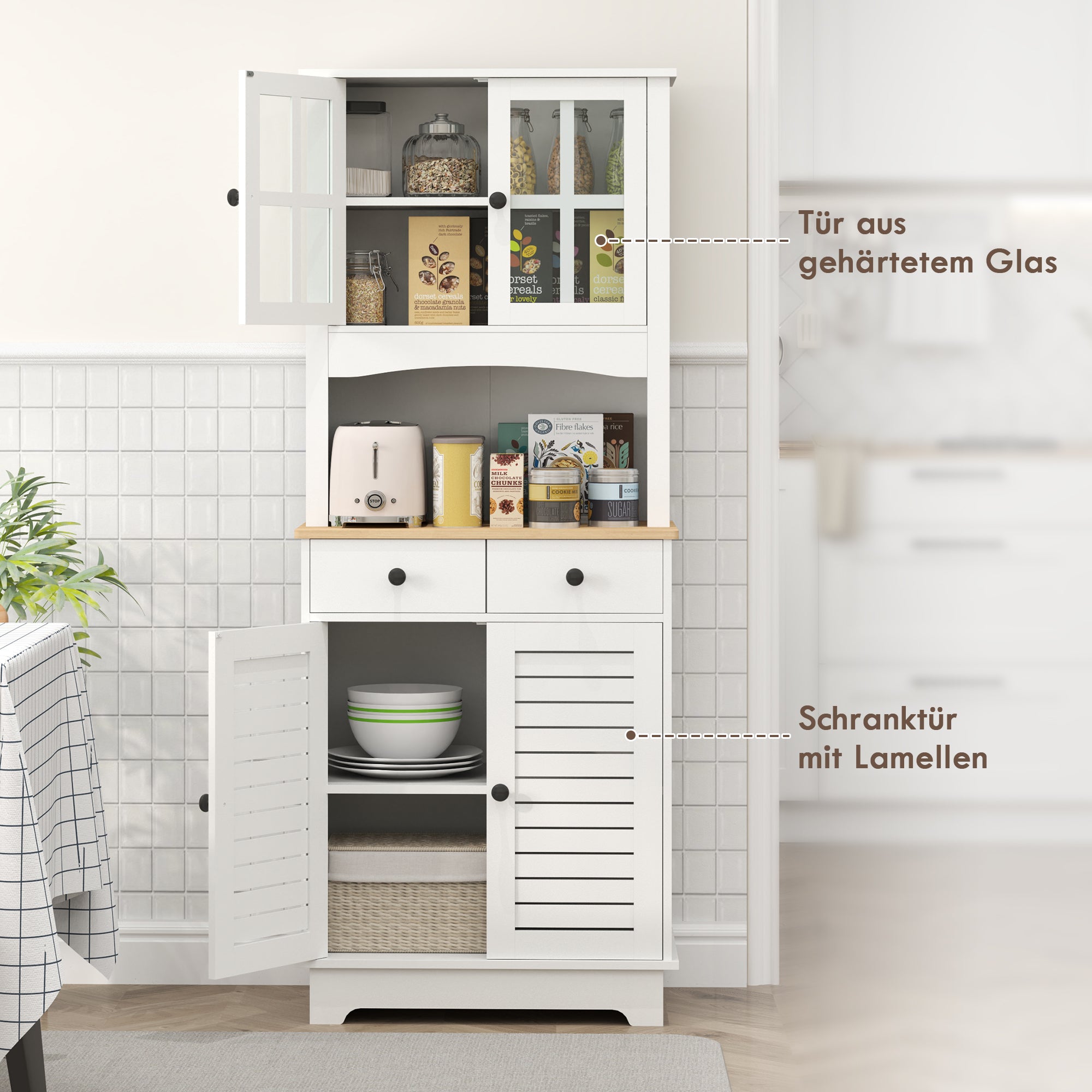 Kitchen Cabinet, Tall Cabinet with 2 Cabinets, Double Door, Kitchen Buffet with Adjustable Shelves, Buffet Cabinet, Dining Room Cabinet for Kitchen, Dining Room, 68 x 39.5 x 170 cm, White