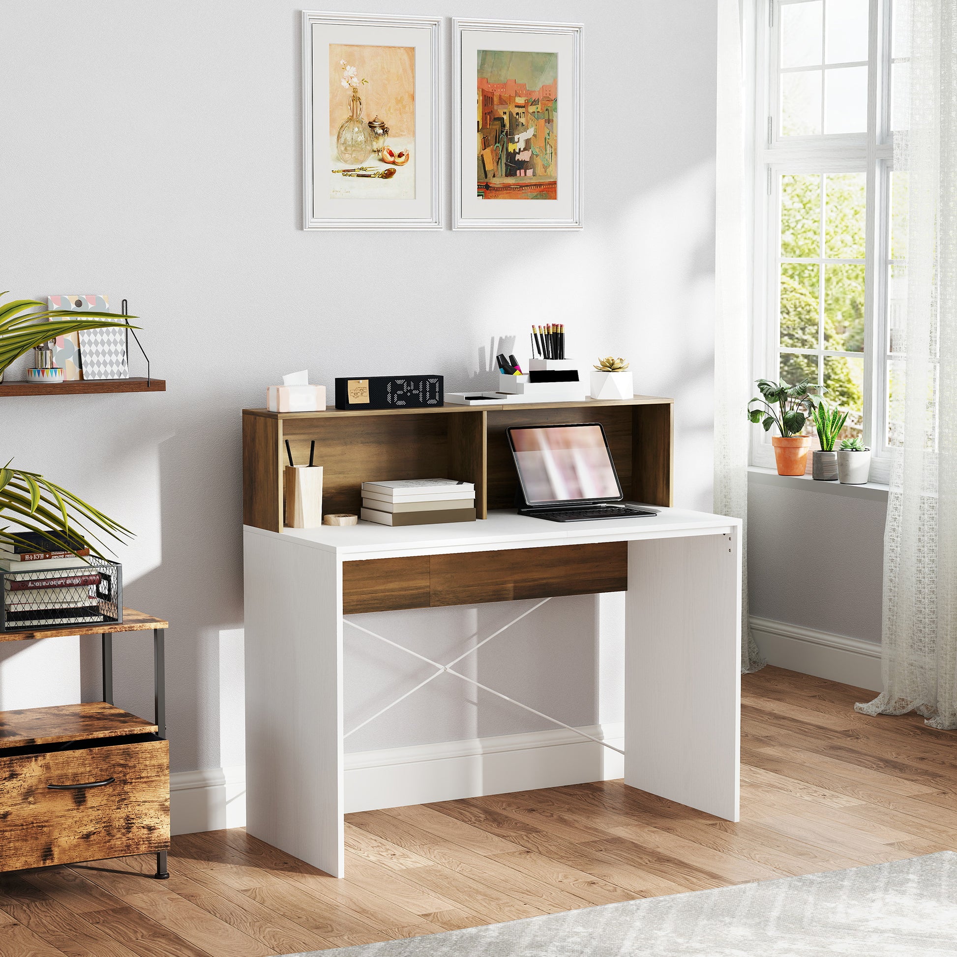 PC Desk for Study and Office with Raised Desktop and 2 Shelves, Modern Desk with X-Shaped Structure for Gaming, Home, Dining Room, 110x50x102.6 cm, White, Brown, and Walnut