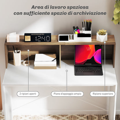 PC Desk for Study and Office with Raised Desktop and 2 Shelves, Modern Desk with X-Shaped Structure for Gaming, Home, Dining Room, 110x50x102.6 cm, White, Brown, and Walnut