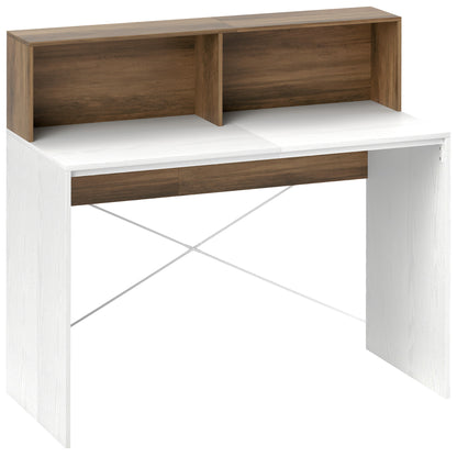 PC Desk for Study and Office with Raised Desktop and 2 Shelves, Modern Desk with X-Shaped Structure for Gaming, Home, Dining Room, 110x50x102.6 cm, White, Brown, and Walnut