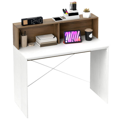 PC Desk for Study and Office with Raised Desktop and 2 Shelves, Modern Desk with X-Shaped Structure for Gaming, Home, Dining Room, 110x50x102.6 cm, White, Brown, and Walnut