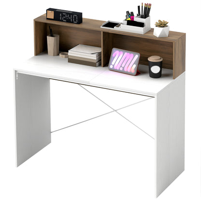 PC Desk for Study and Office with Raised Desktop and 2 Shelves, Modern Desk with X-Shaped Structure for Gaming, Home, Dining Room, 110x50x102.6 cm, White, Brown, and Walnut