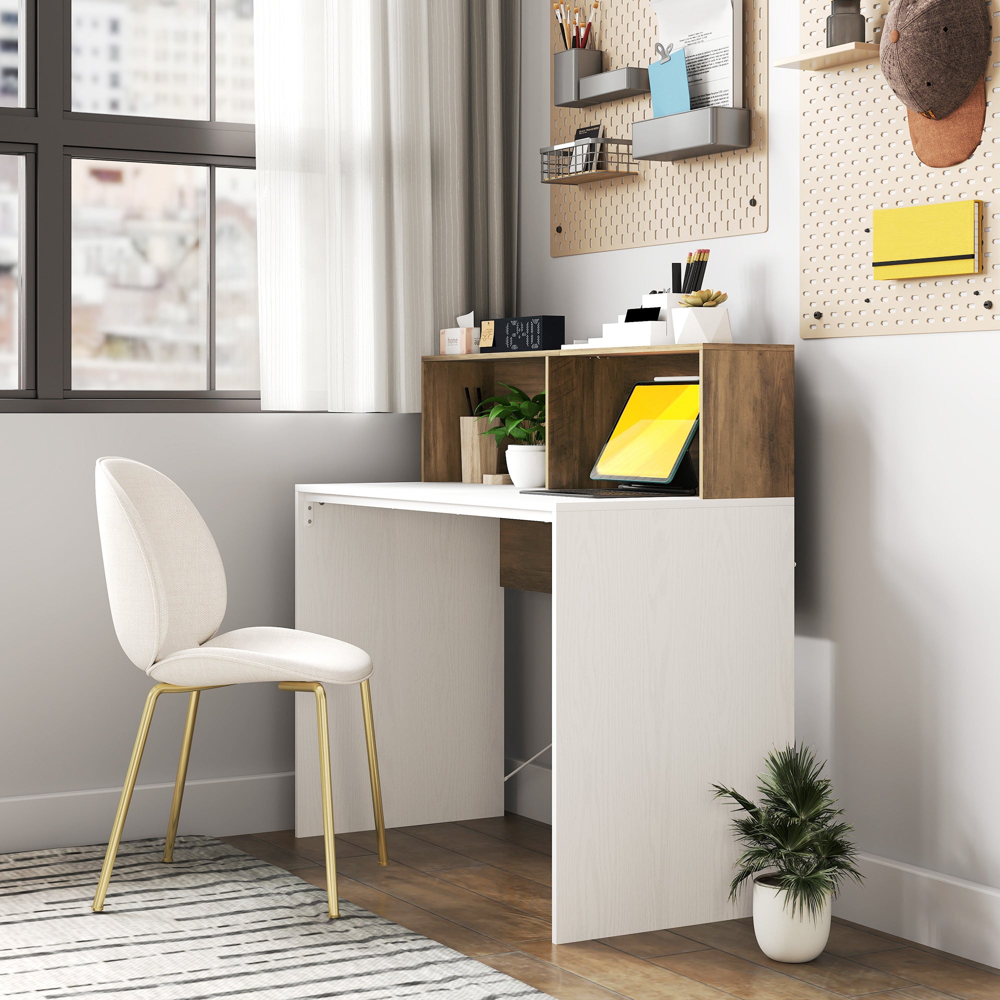 PC Desk for Study and Office with Raised Desktop and 2 Shelves, Modern Desk with X-Shaped Structure for Gaming, Home, Dining Room, 110x50x102.6 cm, White, Brown, and Walnut