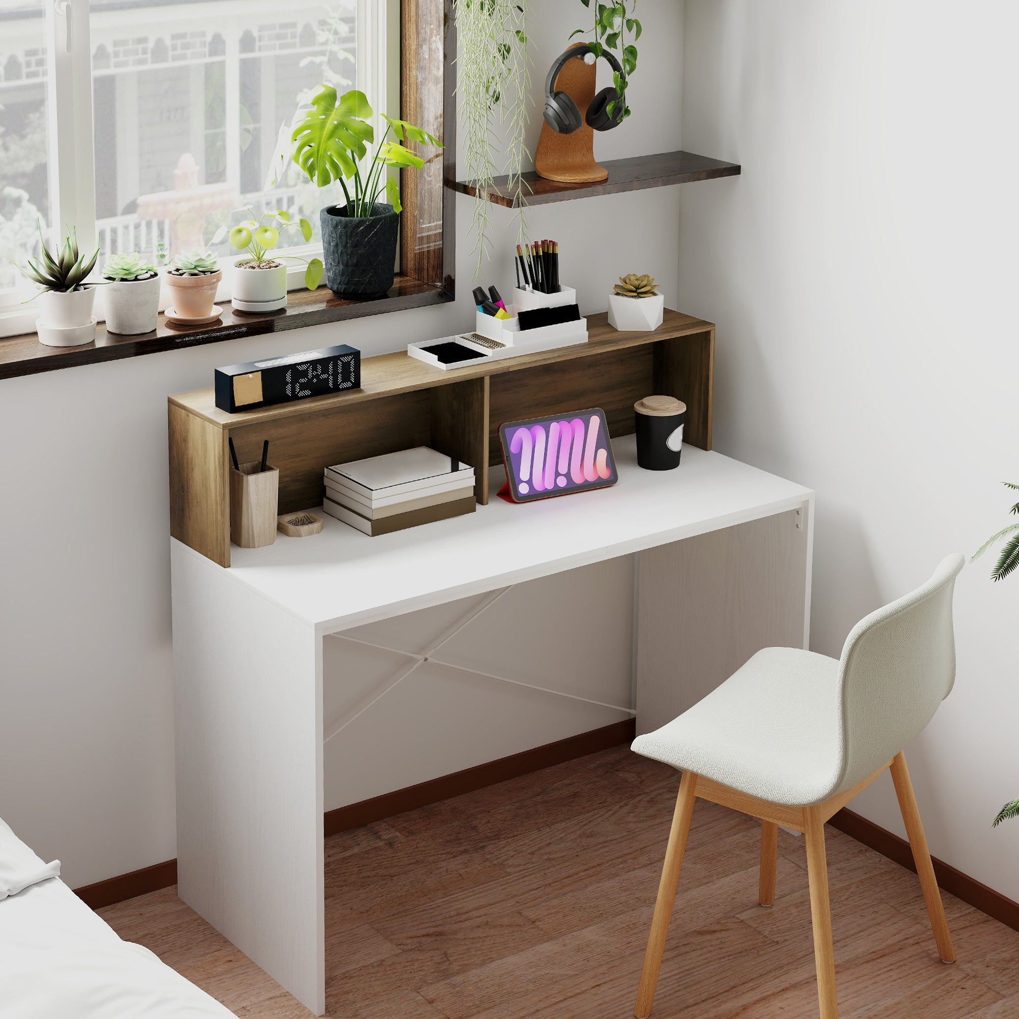 PC Desk for Study and Office with Raised Desktop and 2 Shelves, Modern Desk with X-Shaped Structure for Gaming, Home, Dining Room, 110x50x102.6 cm, White, Brown, and Walnut