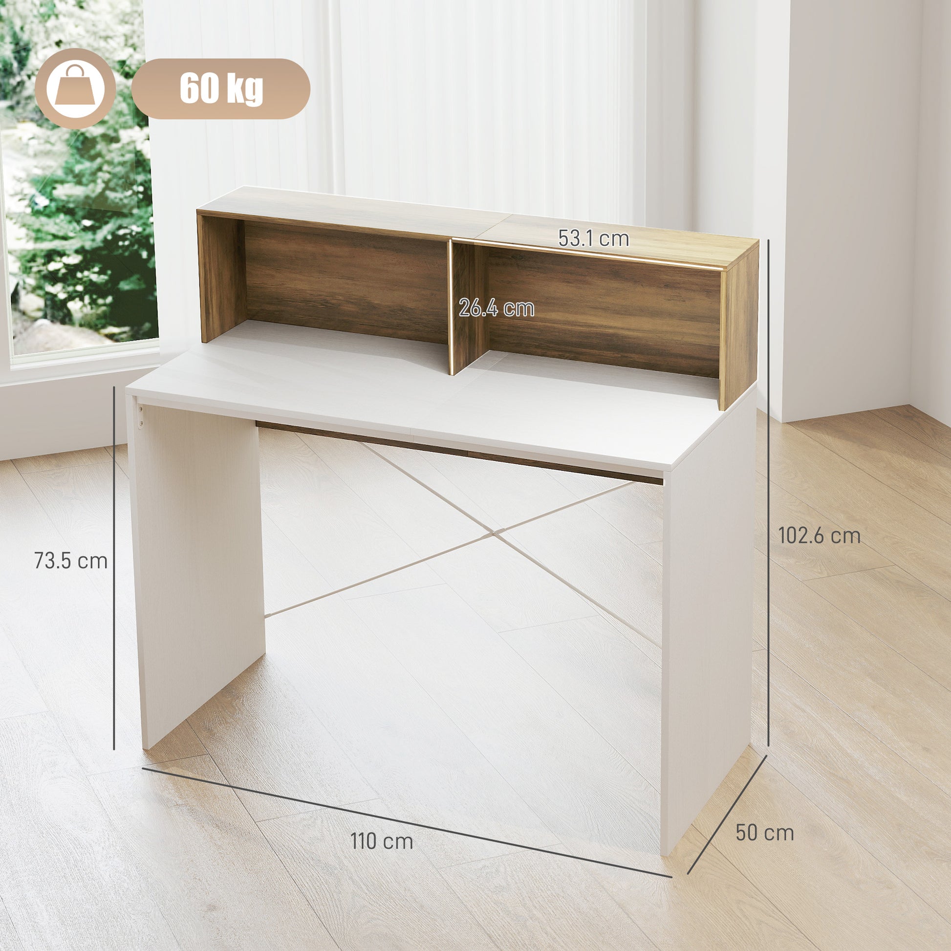 PC Desk for Study and Office with Raised Desktop and 2 Shelves, Modern Desk with X-Shaped Structure for Gaming, Home, Dining Room, 110x50x102.6 cm, White, Brown, and Walnut