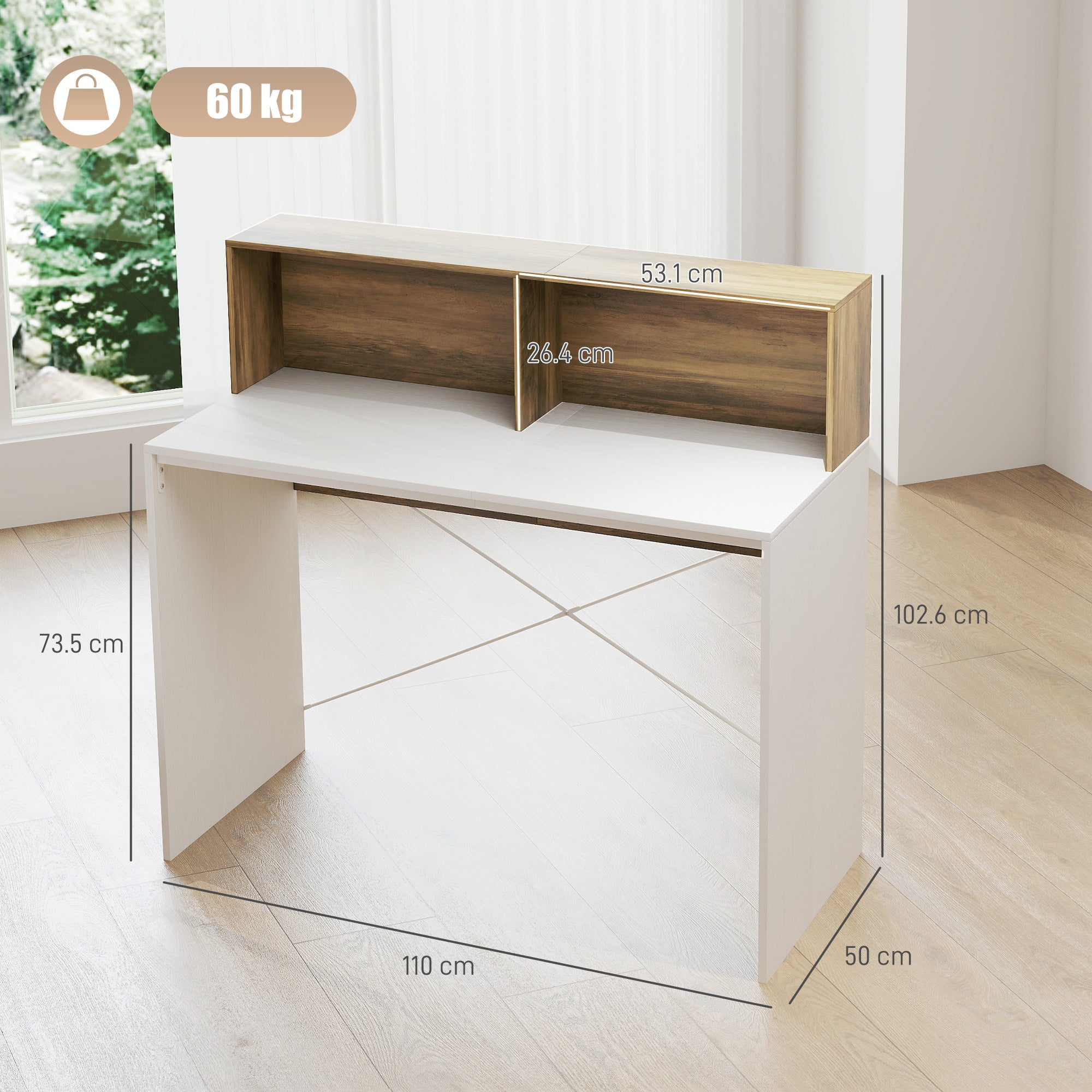 PC Desk for Study and Office with Raised Desktop and 2 Shelves, Modern Desk with X-Shaped Structure for Gaming, Home, Dining Room, 110x50x102.6 cm, White, Brown, and Walnut