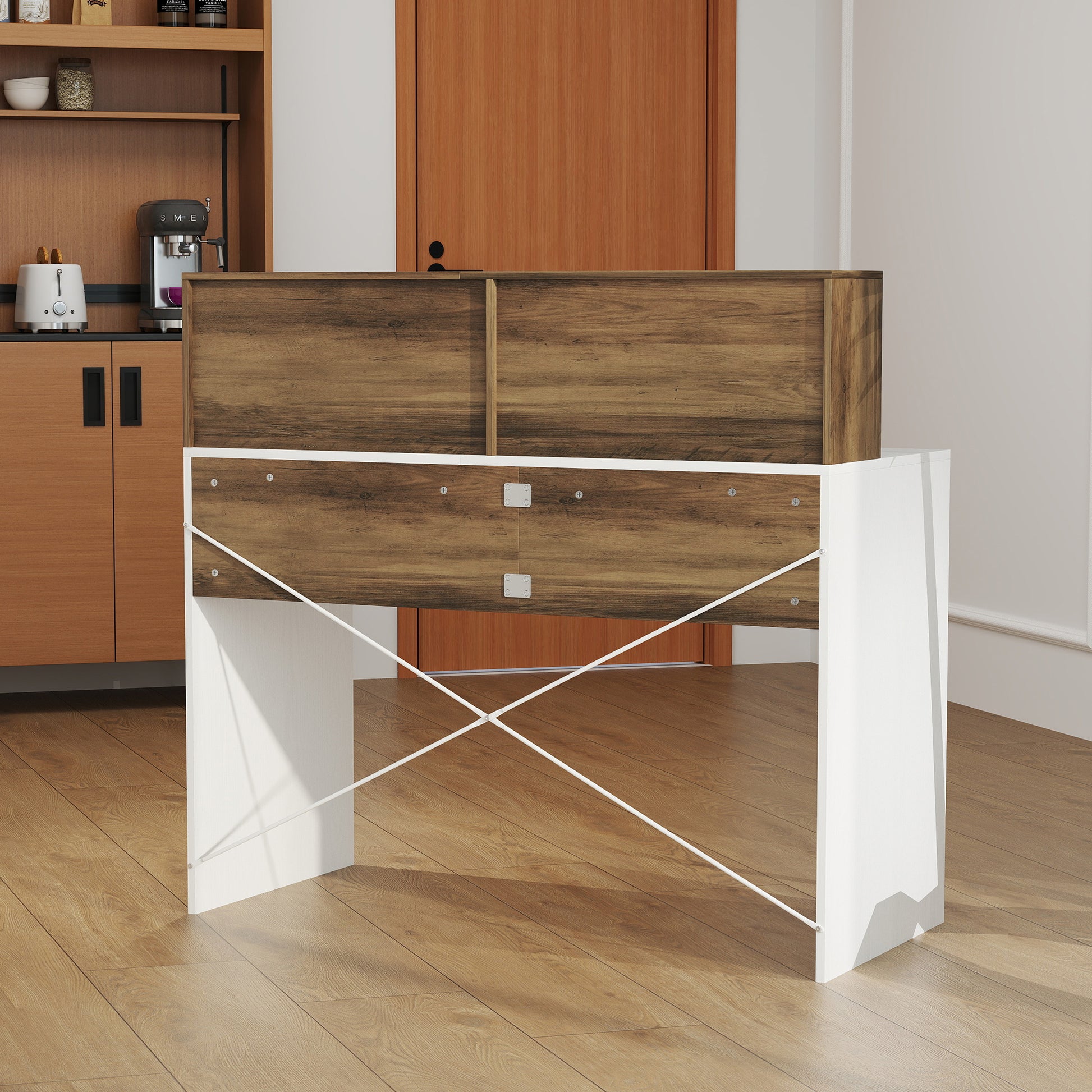 PC Desk for Study and Office with Raised Desktop and 2 Shelves, Modern Desk with X-Shaped Structure for Gaming, Home, Dining Room, 110x50x102.6 cm, White, Brown, and Walnut