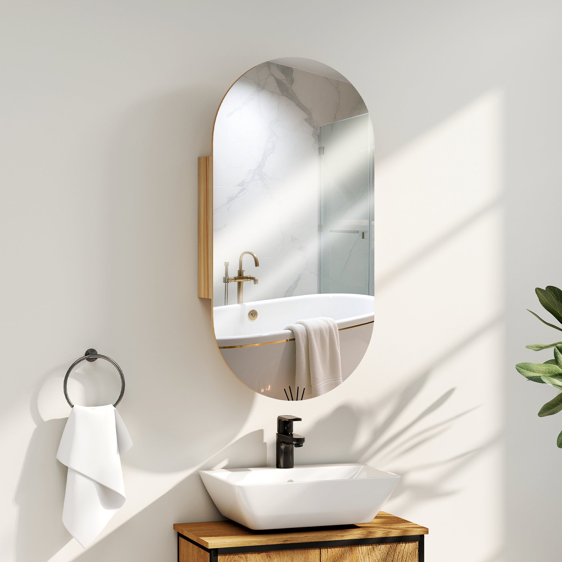 Wall Mounted Bathroom Cabinet with Oval Mirror, 45 x 90 cm, Modern Bathroom Furniture, Frameless Design, Mirror with Storage, Natural Wood