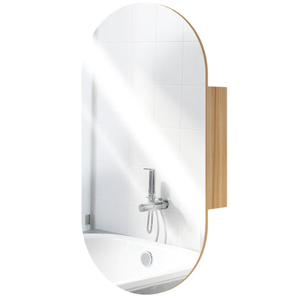 Wall Mounted Bathroom Cabinet with Oval Mirror, 45 x 90 cm, Modern Bathroom Furniture, Frameless Design, Mirror with Storage, Natural Wood