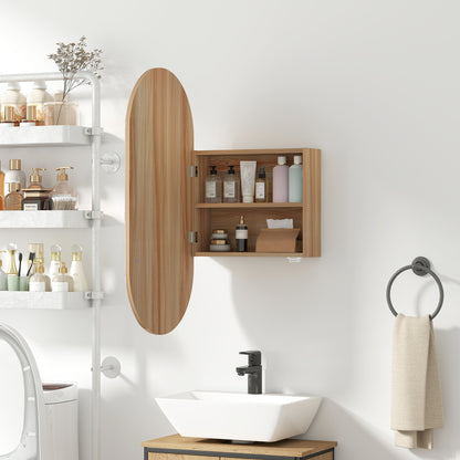 Wall Mounted Bathroom Cabinet with Oval Mirror, 45 x 90 cm, Modern Bathroom Furniture, Frameless Design, Mirror with Storage, Natural Wood