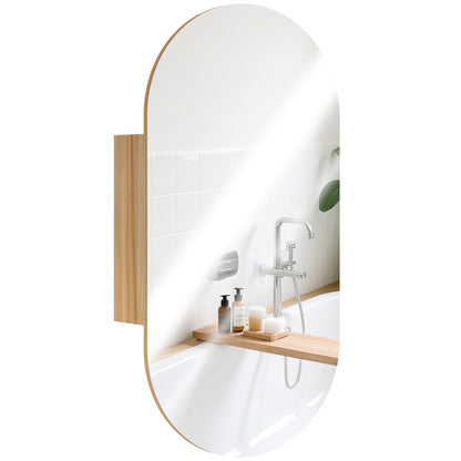 Wall Mounted Bathroom Cabinet with Oval Mirror, 45 x 90 cm, Modern Bathroom Furniture, Frameless Design, Mirror with Storage, Natural Wood