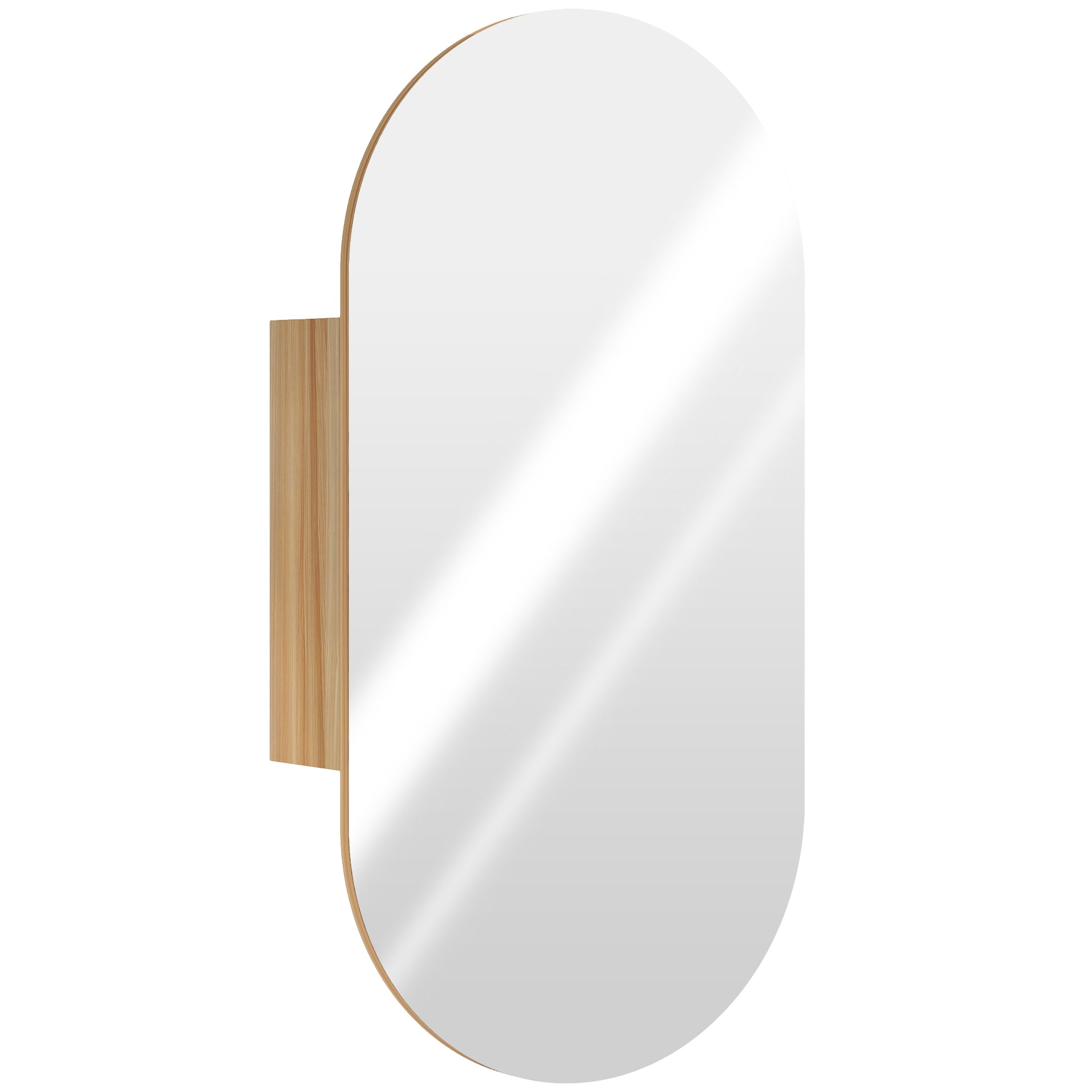 Wall Mounted Bathroom Cabinet with Oval Mirror, 45 x 90 cm, Modern Bathroom Furniture, Frameless Design, Mirror with Storage, Natural Wood
