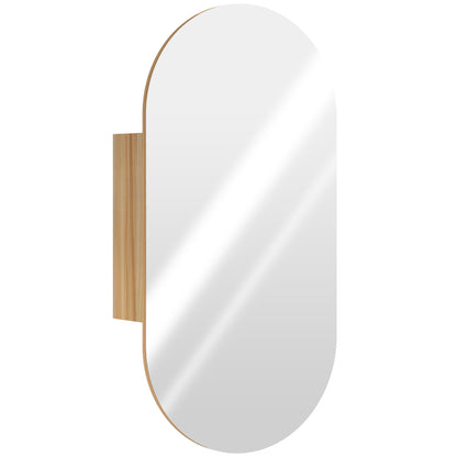 Wall Mounted Bathroom Cabinet with Oval Mirror, 45 x 90 cm, Modern Bathroom Furniture, Frameless Design, Mirror with Storage, Natural Wood