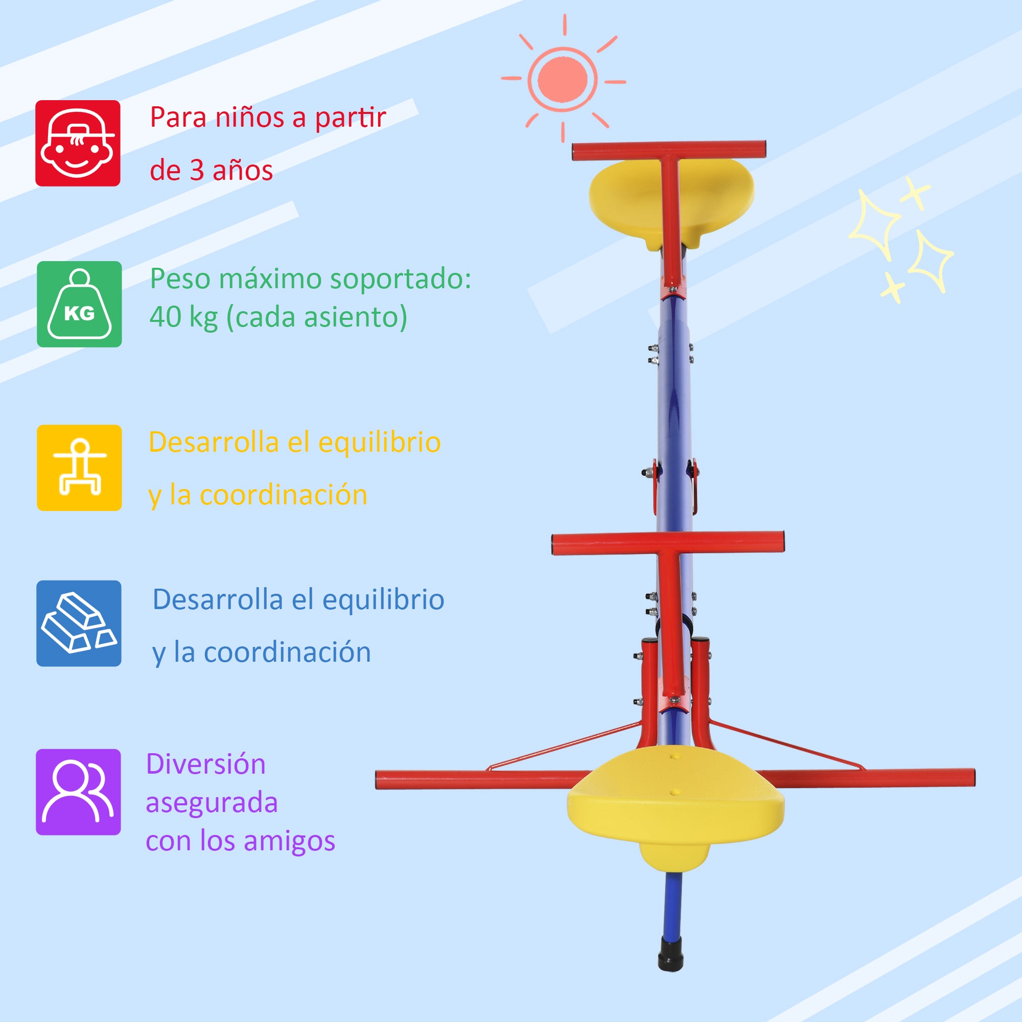 360 Degree Rotating Seesaw for Kids +3 Years with Base of 4 Rods, Stop Posts, and Easy-to-Grip Handles Patio Garden 184x76x71 cm Multicolor