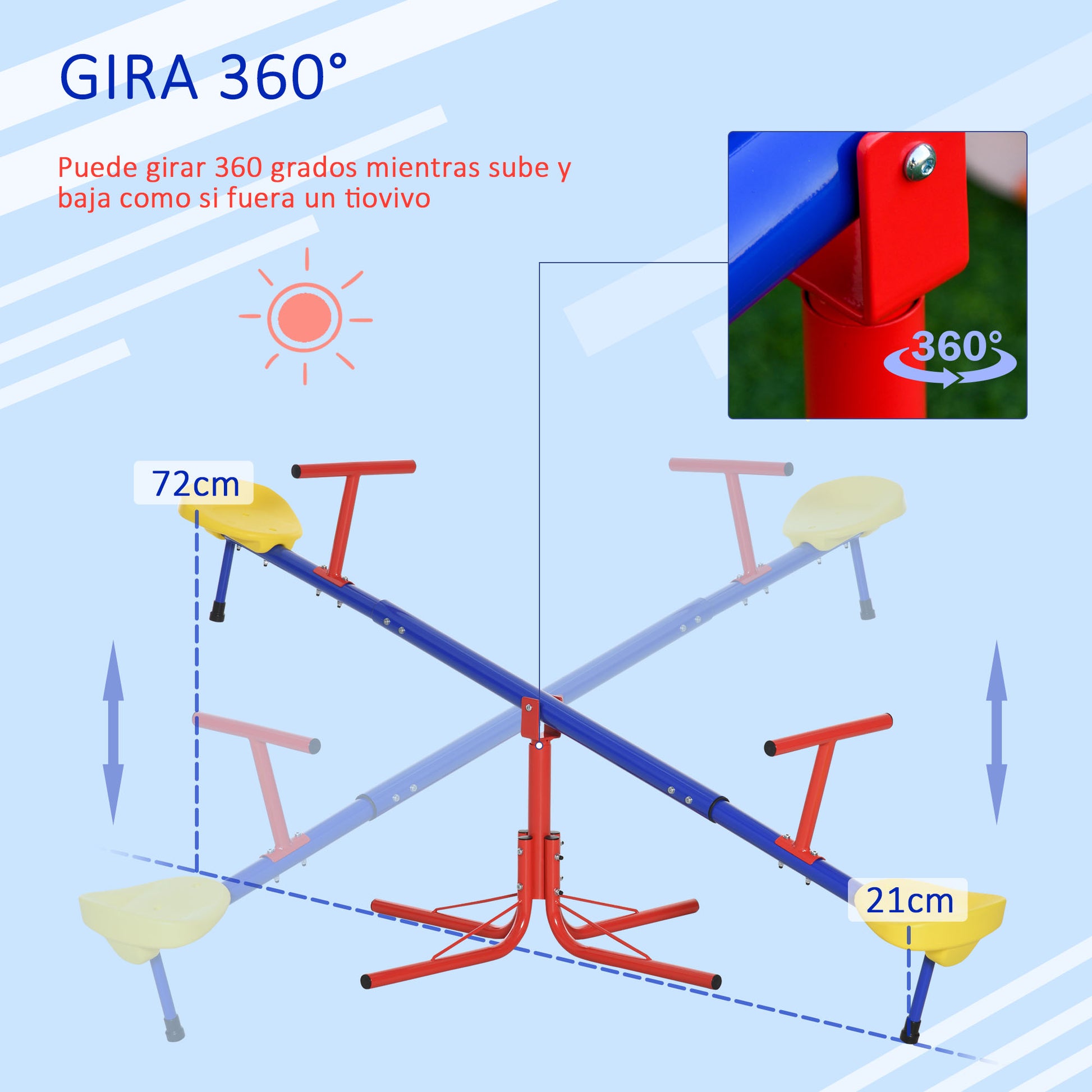 360 Degree Rotating Seesaw for Kids +3 Years with Base of 4 Rods, Stop Posts, and Easy-to-Grip Handles Patio Garden 184x76x71 cm Multicolor