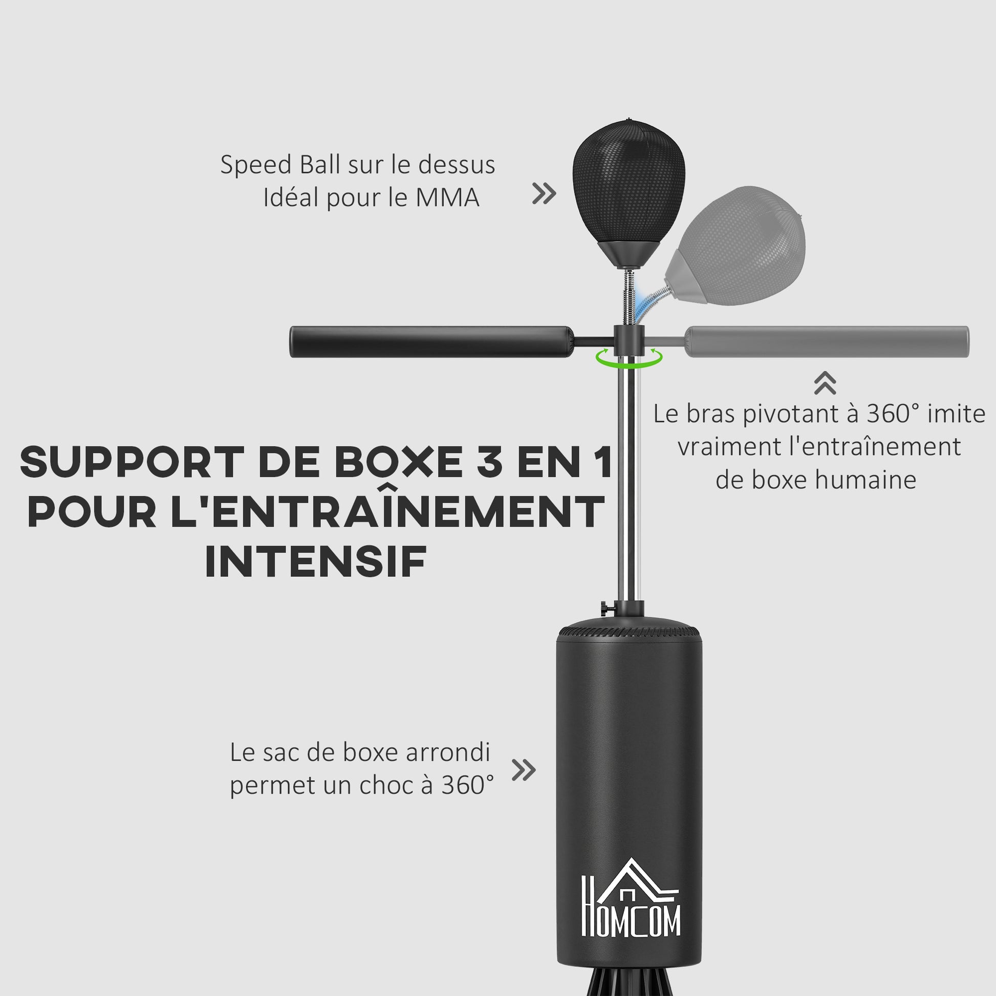 Black 3-in-1 Freestanding Punching Bag Punching Ball with Speedball Rotating Flexible Arm Adjustable Height Synthetic Coating HDPE Base Overall 88L x 48W x 155-205H cm