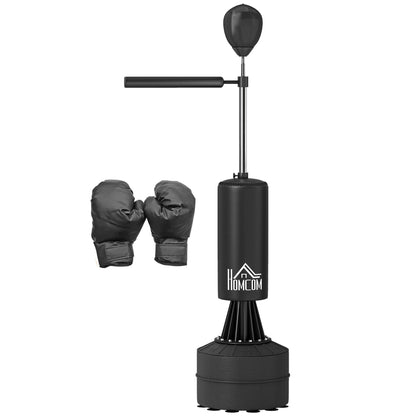 Black 3-in-1 Freestanding Punching Bag Punching Ball with Speedball Rotating Flexible Arm Adjustable Height Synthetic Coating HDPE Base Overall 88L x 48W x 155-205H cm