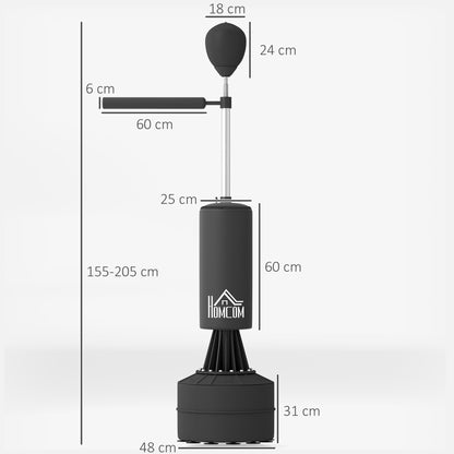 Black 3-in-1 Freestanding Punching Bag Punching Ball with Speedball Rotating Flexible Arm Adjustable Height Synthetic Coating HDPE Base Overall 88L x 48W x 155-205H cm