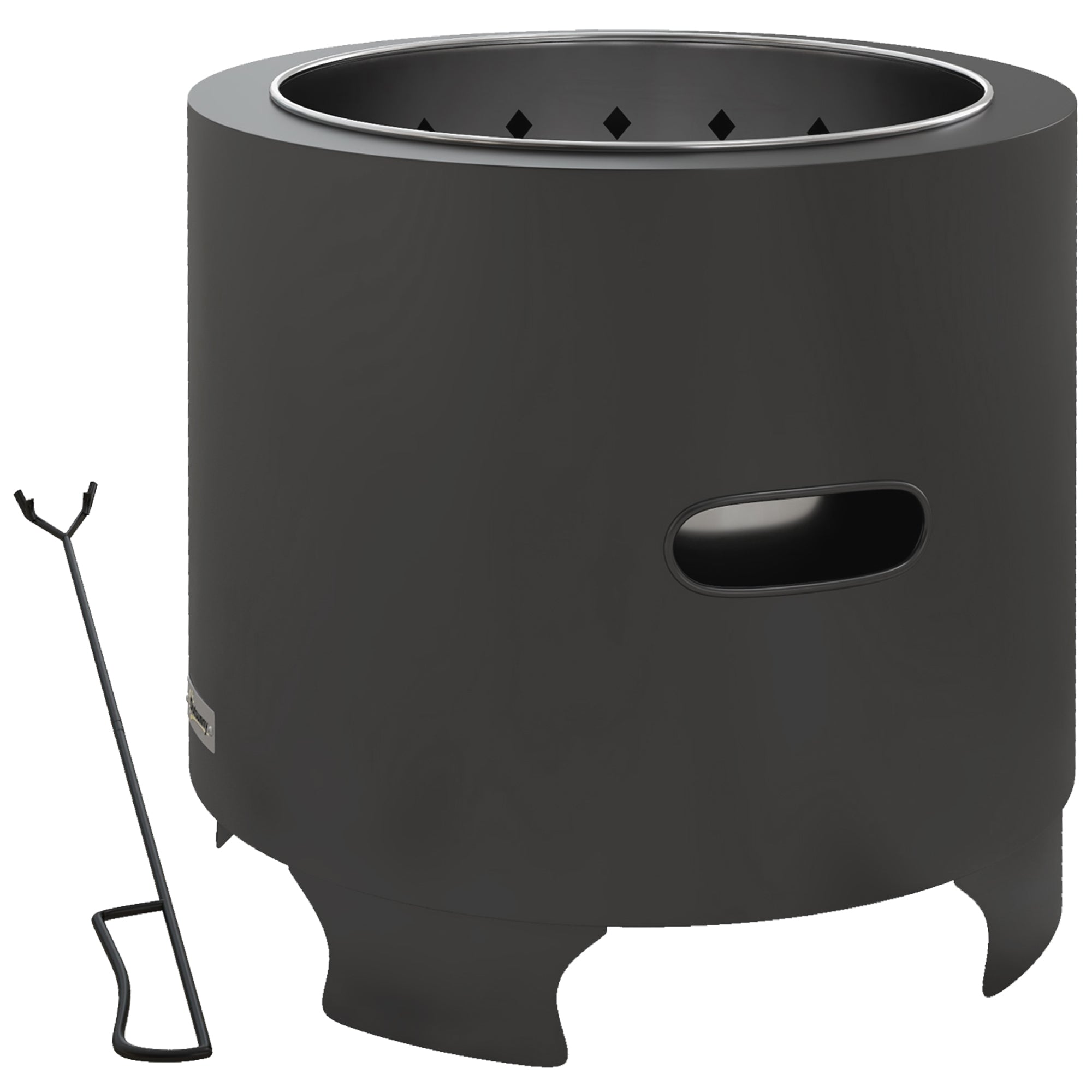 Smokeless Fire Pit Outdoor Portable Round Wood Burning Fire Pit with Stainless Steel Inner Pot, Poker, Textured Handles - 45 cm Diameter - Black