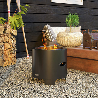 Smokeless Fire Pit Outdoor Portable Round Wood Burning Fire Pit with Stainless Steel Inner Pot, Poker, Textured Handles - 45 cm Diameter - Black