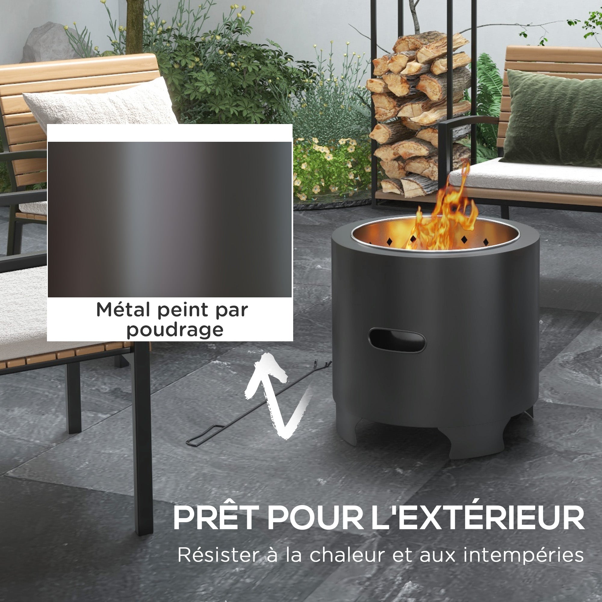 Smokeless Fire Pit Outdoor Portable Round Wood Burning Fire Pit with Stainless Steel Inner Pot, Poker, Textured Handles - 45 cm Diameter - Black