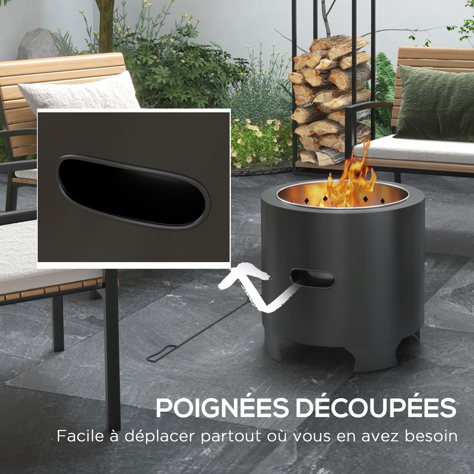 Smokeless Fire Pit Outdoor Portable Round Wood Burning Fire Pit with Stainless Steel Inner Pot, Poker, Textured Handles - 45 cm Diameter - Black