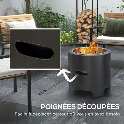 Smokeless Fire Pit Outdoor Portable Round Wood Burning Fire Pit with Stainless Steel Inner Pot, Poker, Textured Handles - 45 cm Diameter - Black