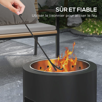 Smokeless Fire Pit Outdoor Portable Round Wood Burning Fire Pit with Stainless Steel Inner Pot, Poker, Textured Handles - 45 cm Diameter - Black