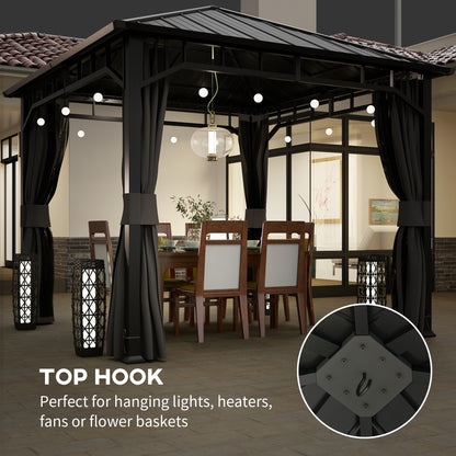3 x 3 m Waterproof Garden Gazebo — Galvanized Metal Hardtop, Curtains & Mosquito Net, Ceiling Hook, Dark Gray
