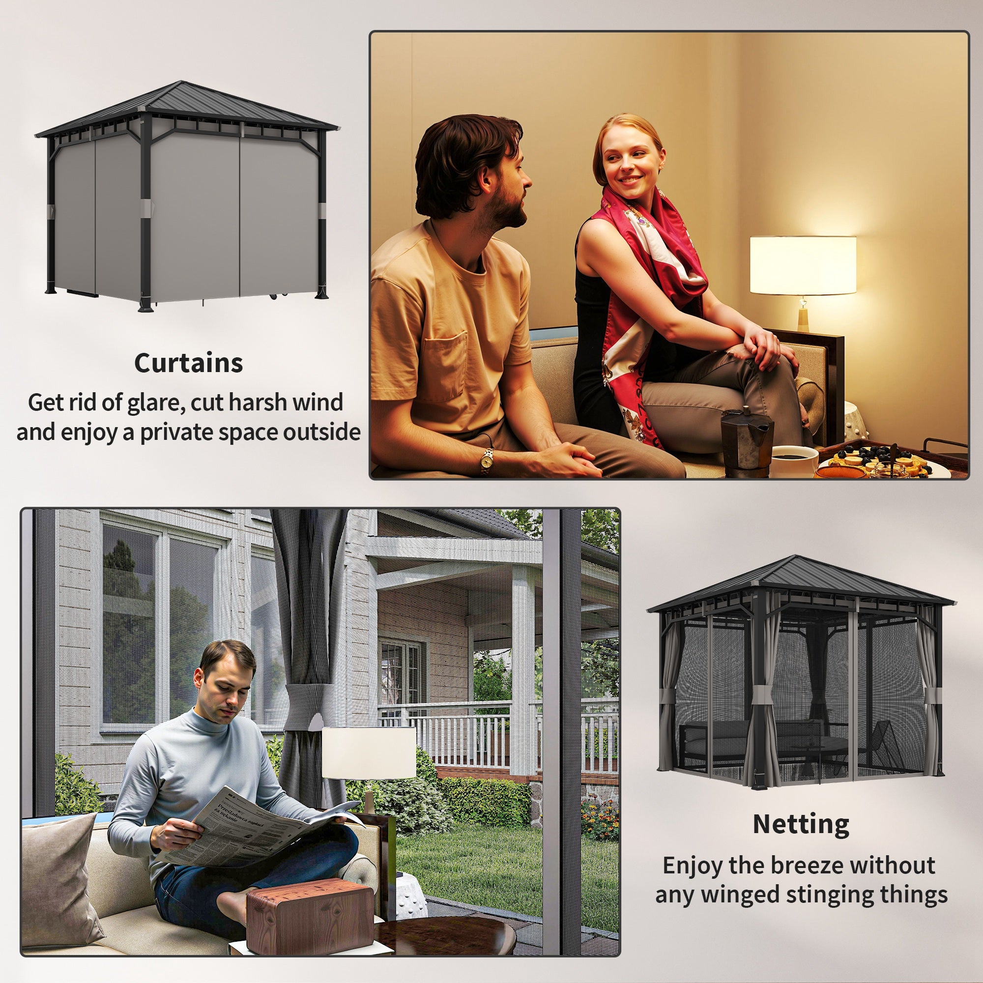3 x 3 m Waterproof Garden Gazebo — Galvanized Metal Hardtop, Curtains & Mosquito Net, Ceiling Hook, Dark Gray