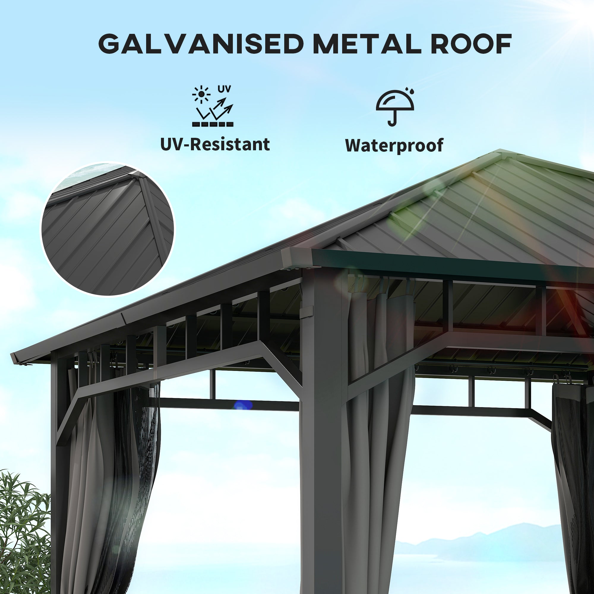 3 x 3 m Waterproof Garden Gazebo — Galvanized Metal Hardtop, Curtains & Mosquito Net, Ceiling Hook, Dark Gray